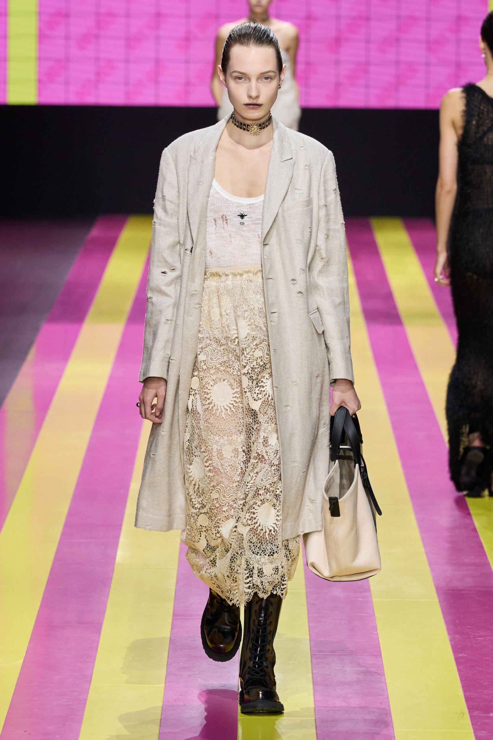 beige linen coat with lace skirt