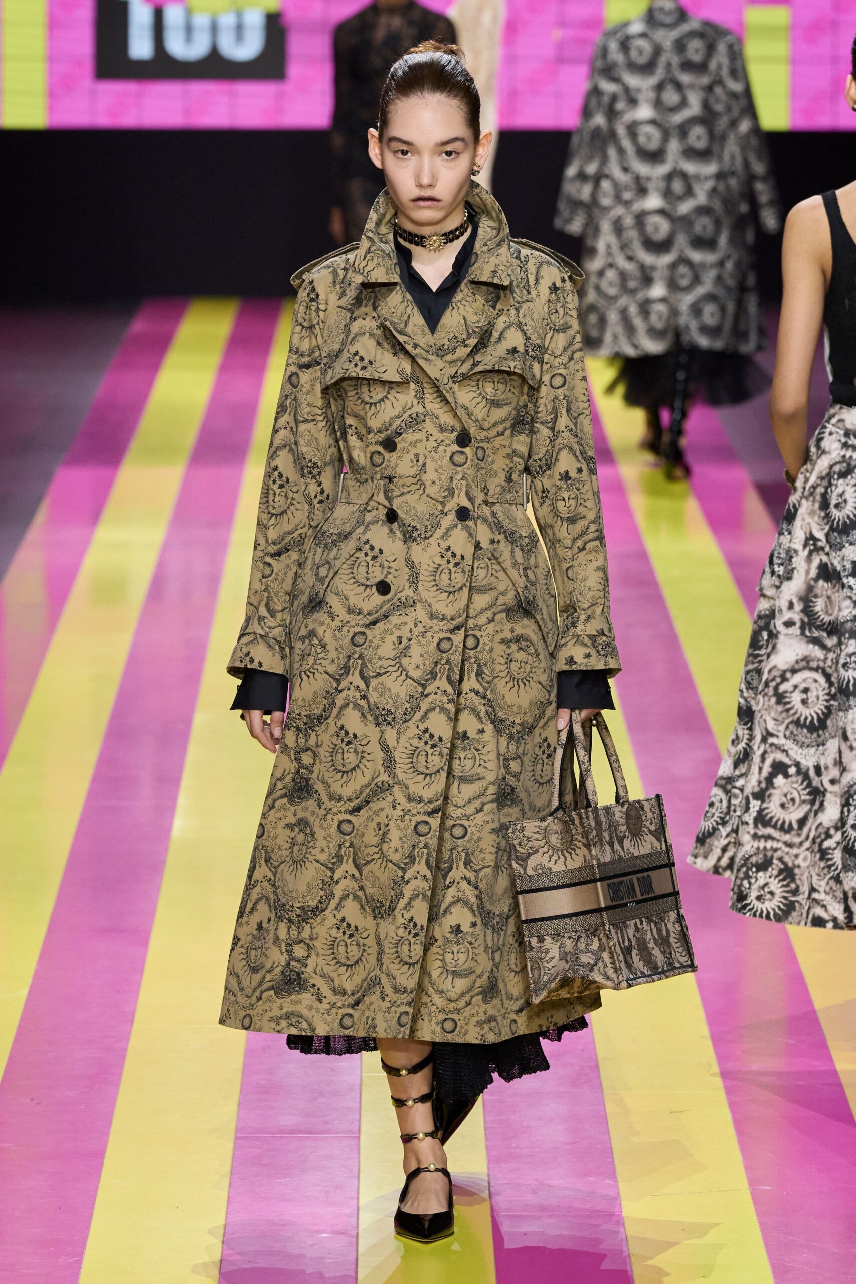 beige printed trench coat