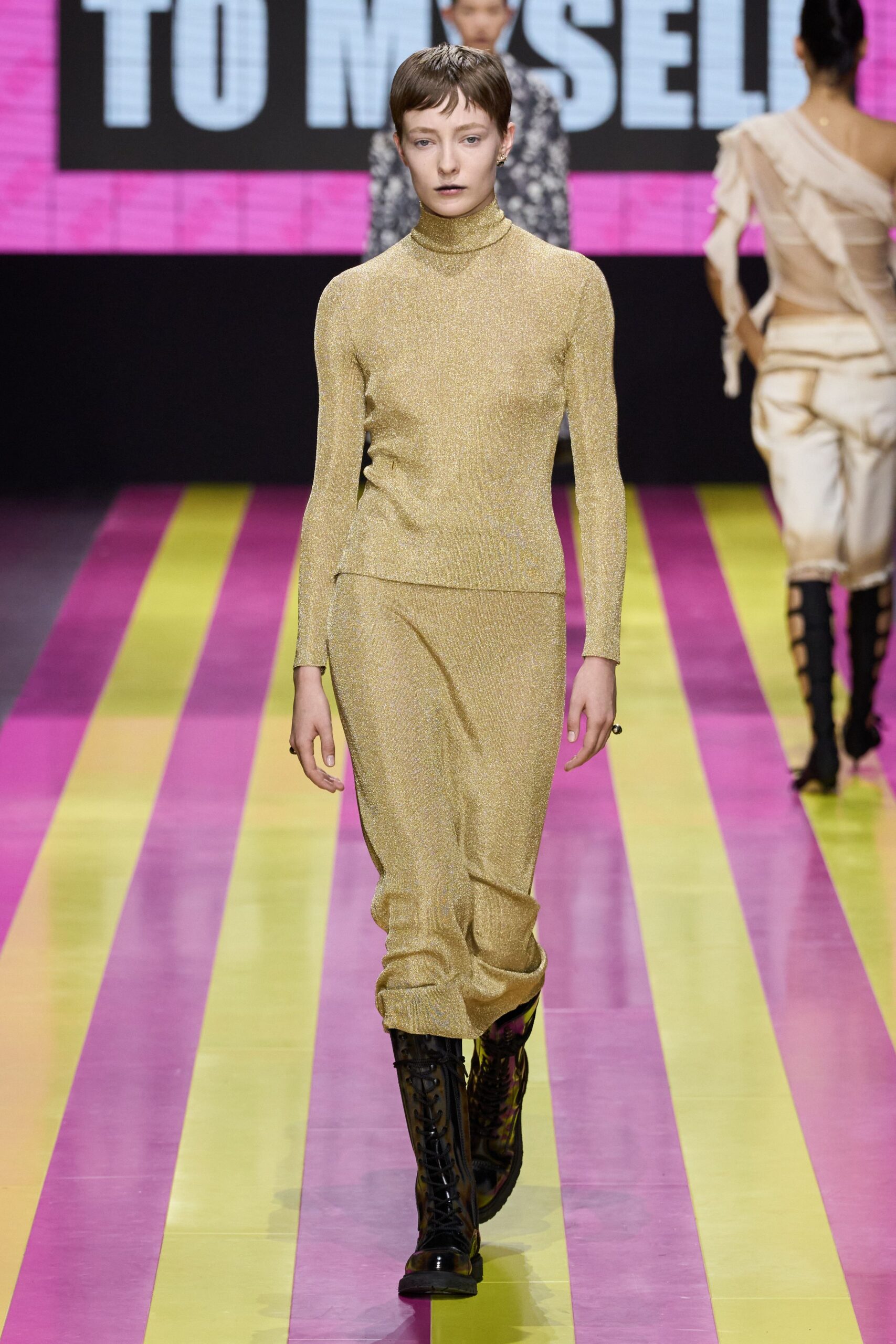 gold metallic fitted dress with boots