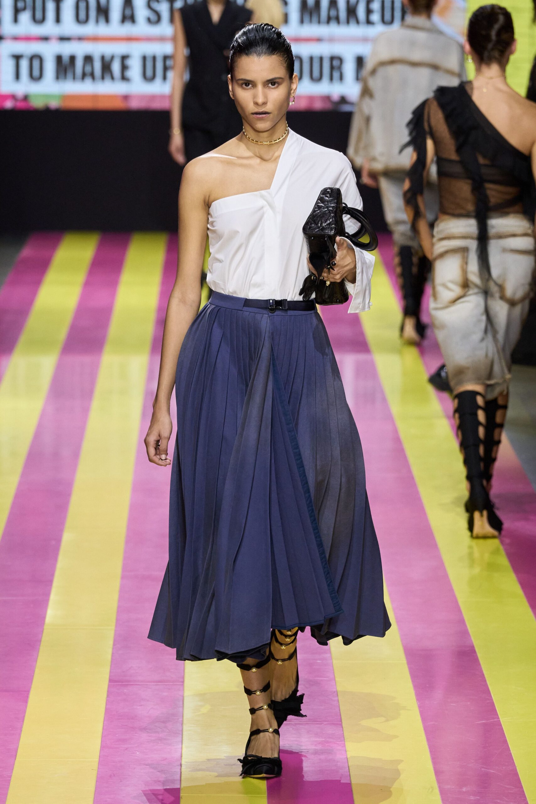 blue silk relaxed high-waisted pleated midi skirt
