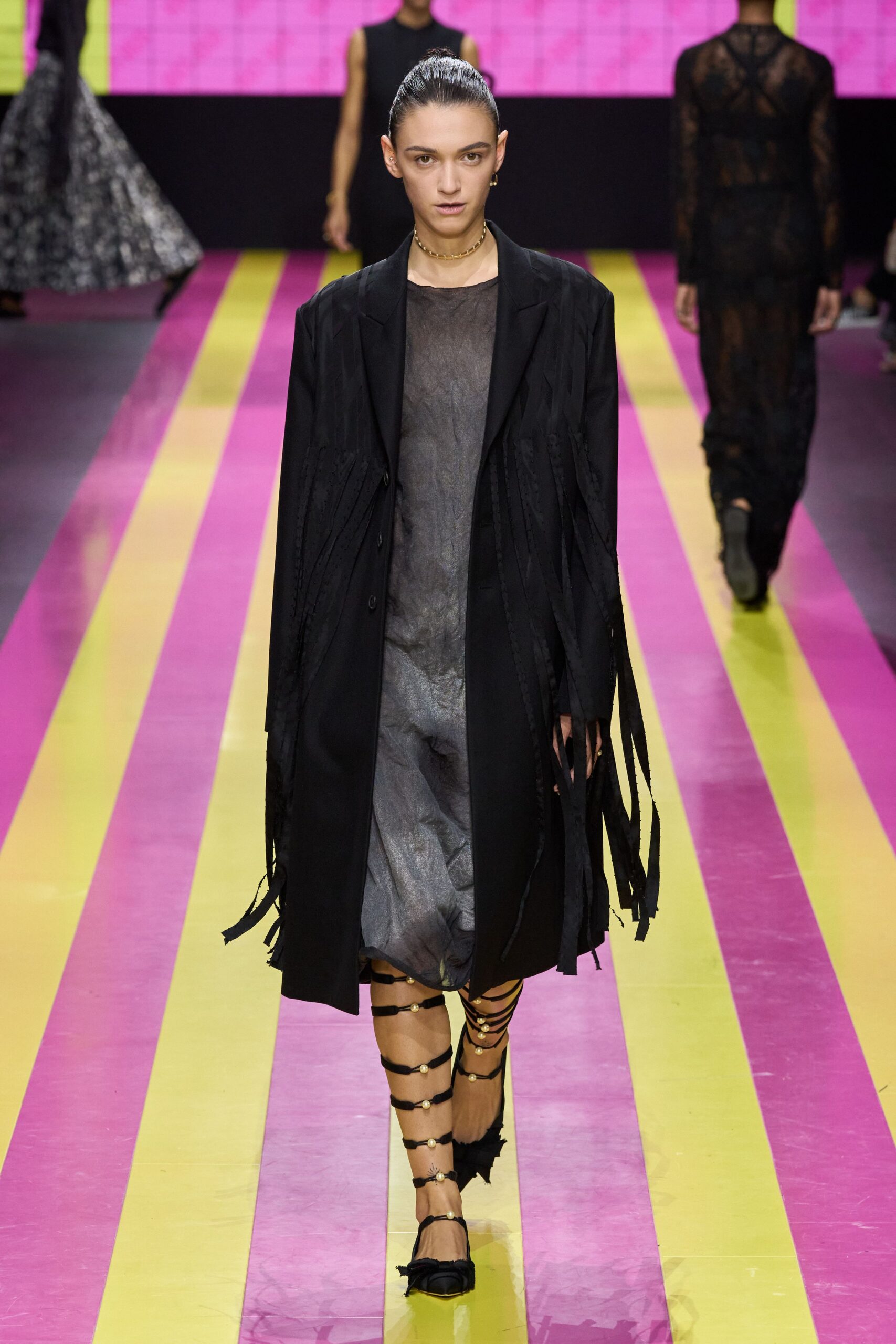 black fringed coat gray dress