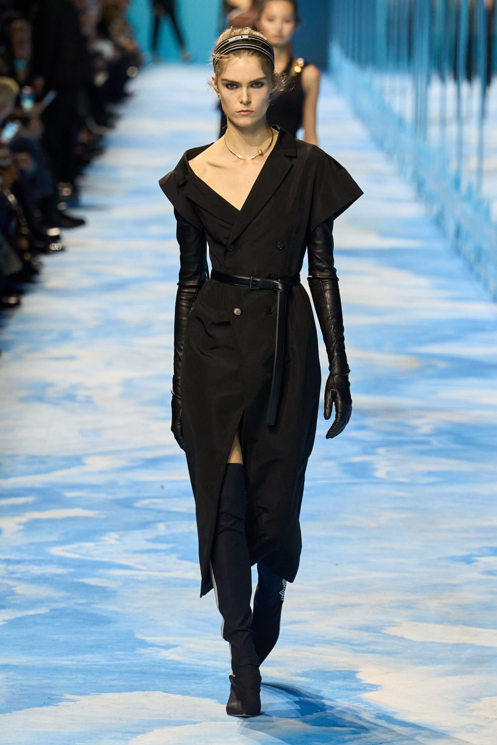 black belted midi dress with gloves