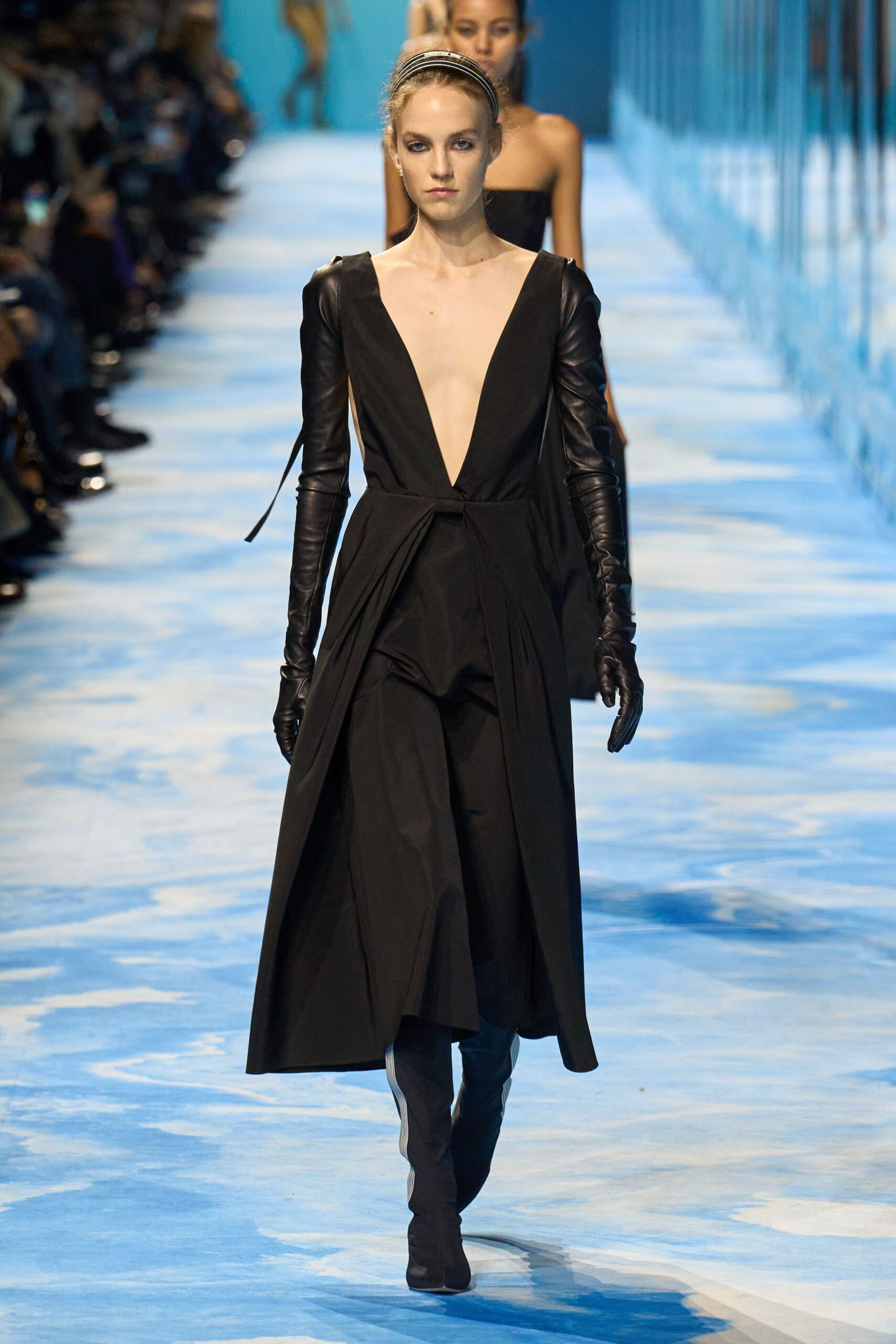 black silk midi dress with gloves