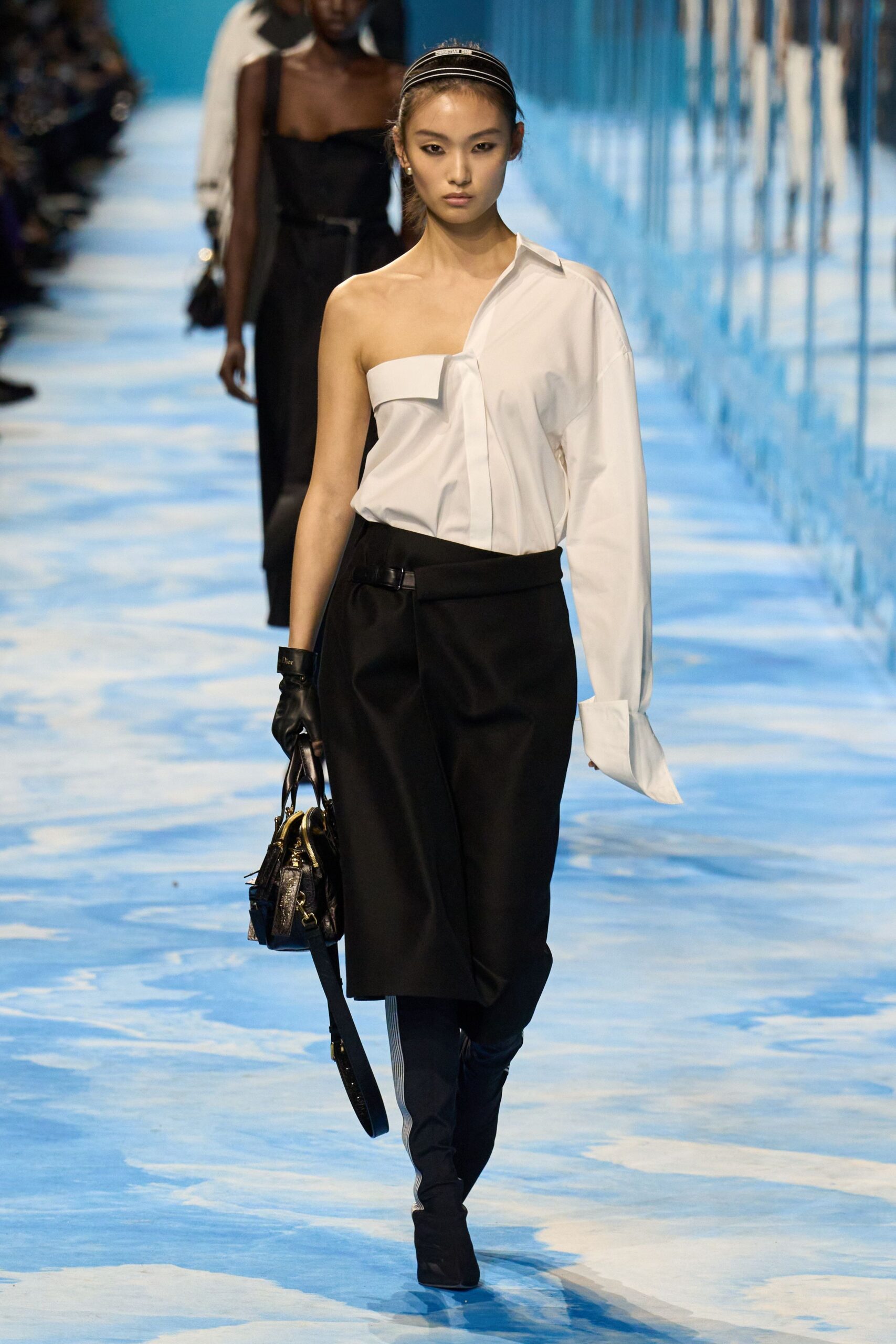 white asymmetric shirt and black pencil skirt
