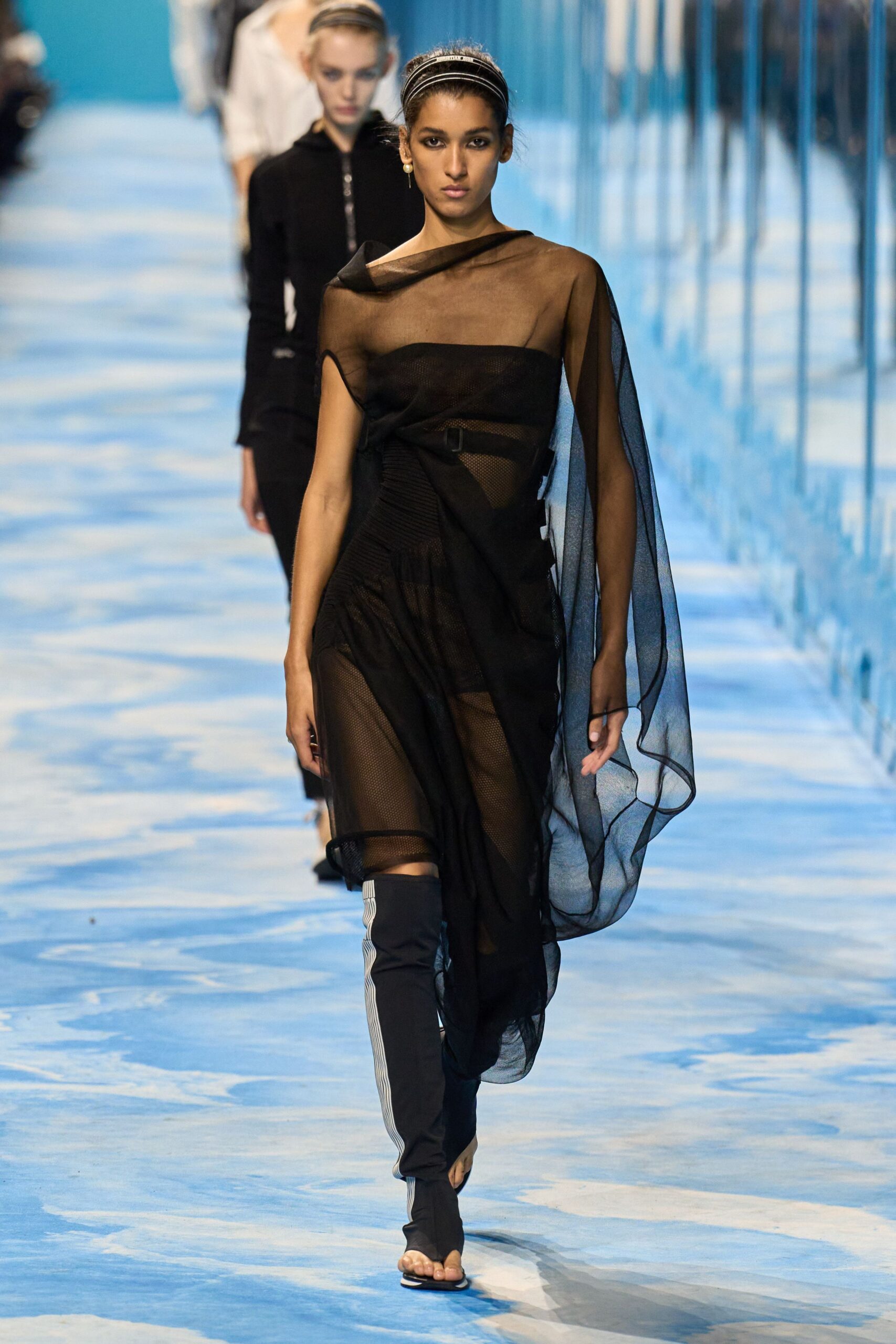 black sheer draped midi dress