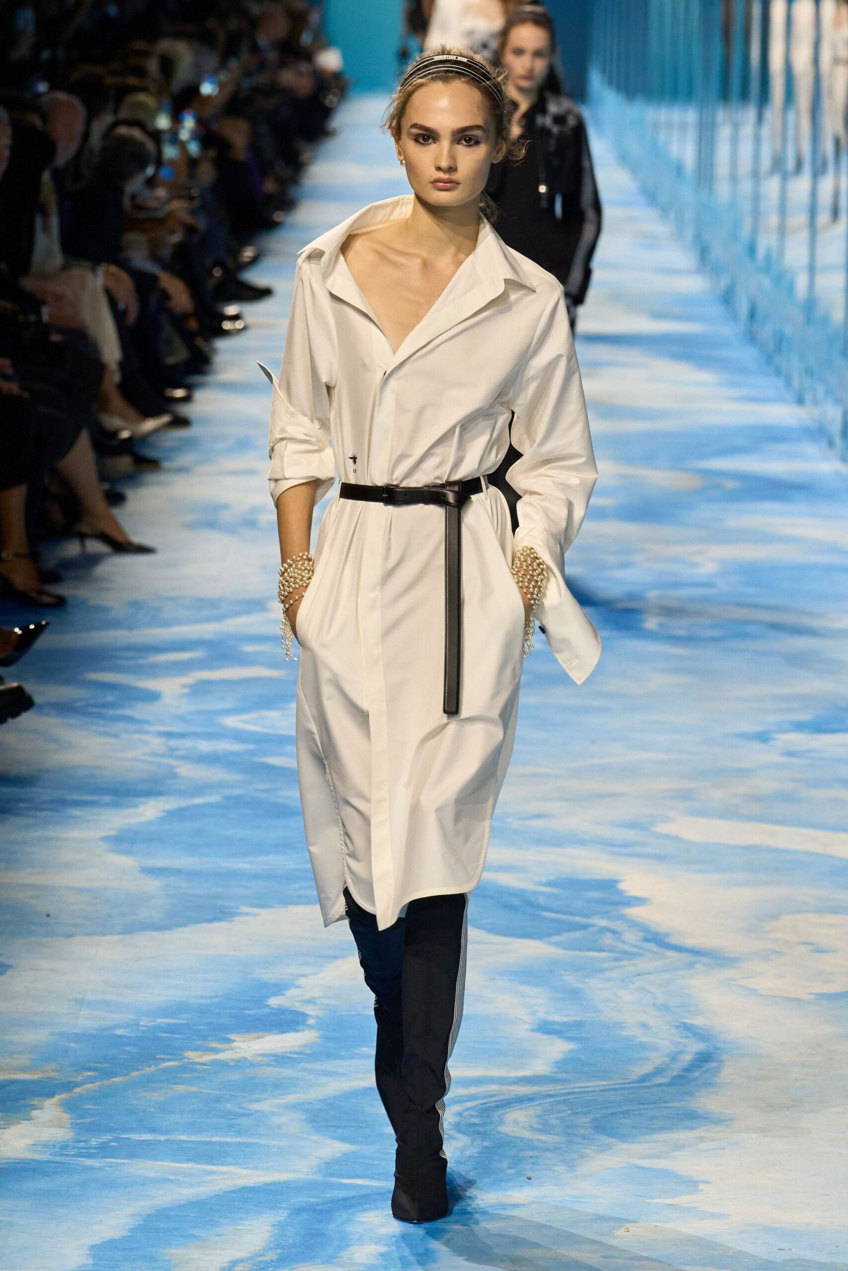 white shirt-dress with black pants