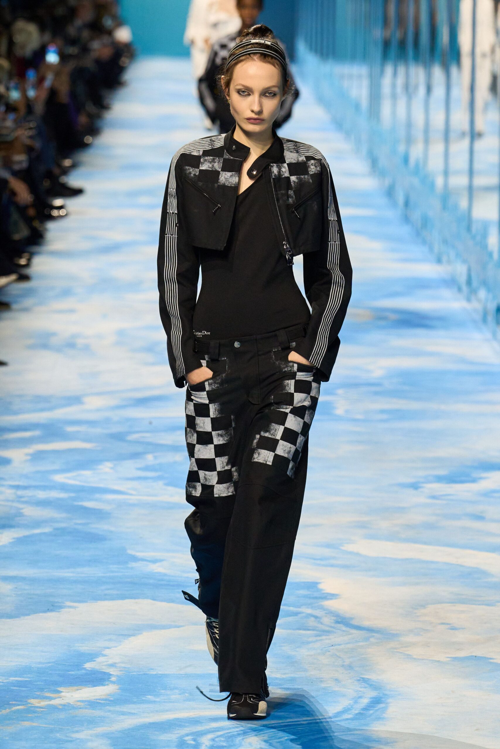 black leather jacket with checkered pants