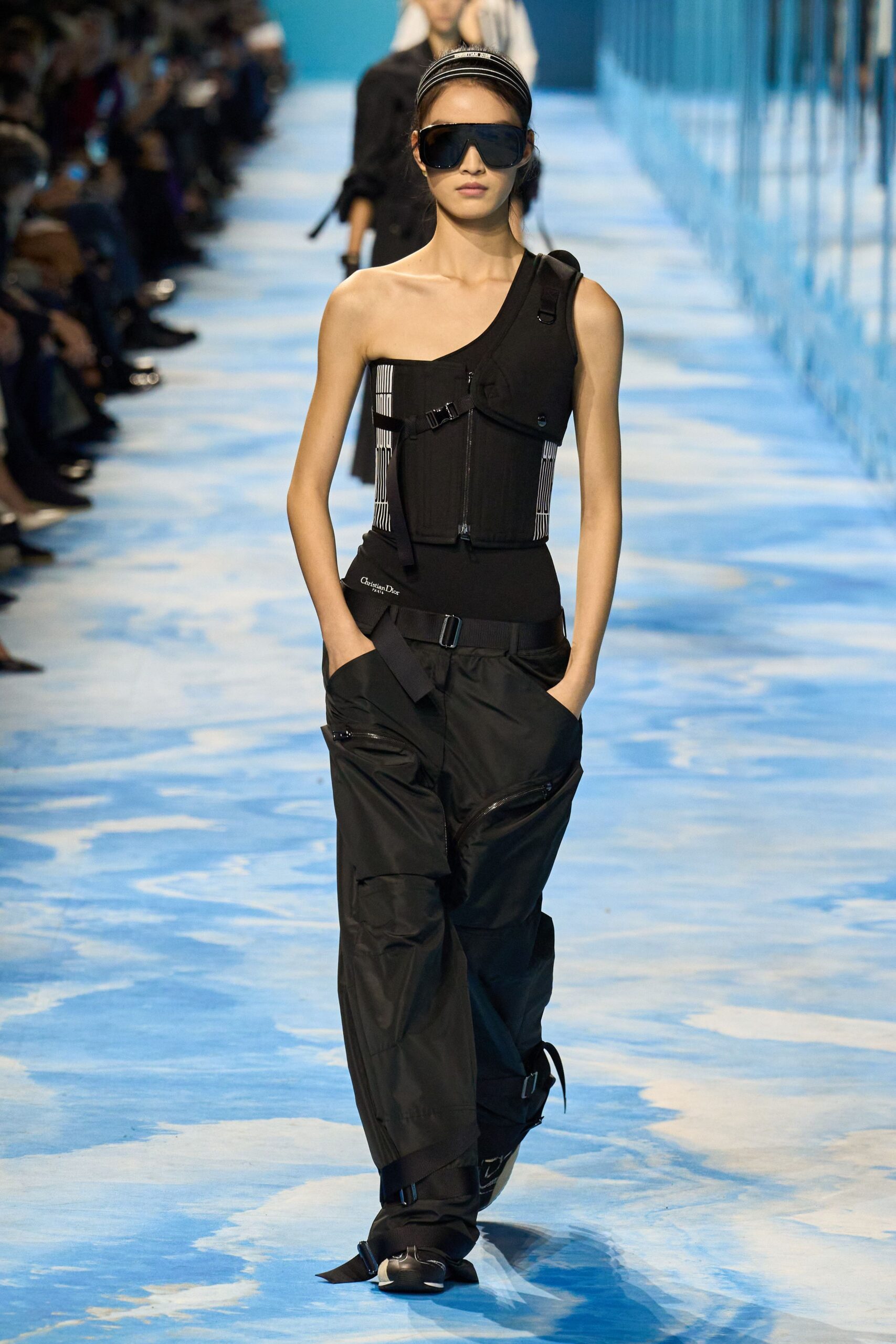 black fitted top with cargo pants