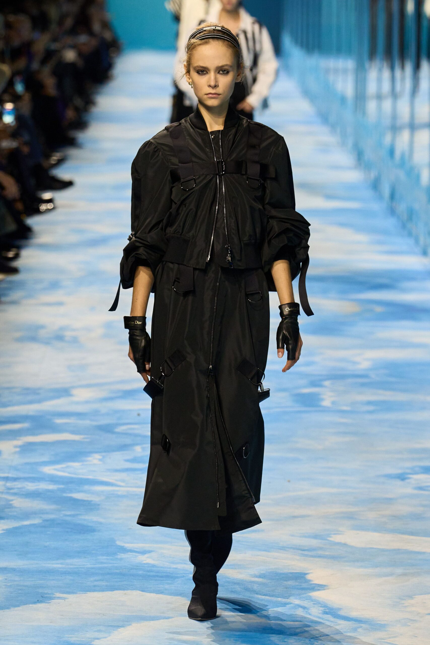 black fitted coat with gloves and shoes