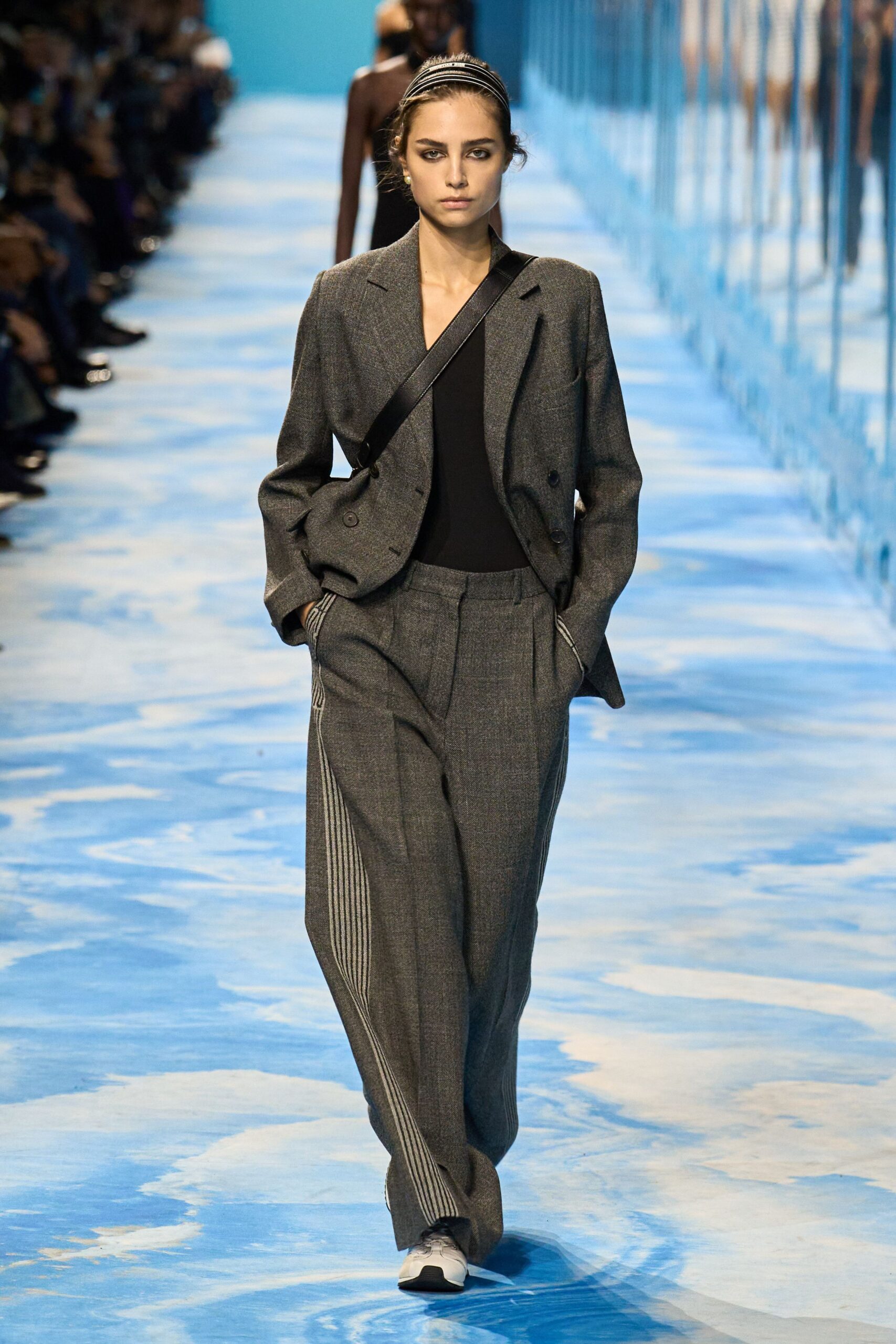 gray tailored suit with black top