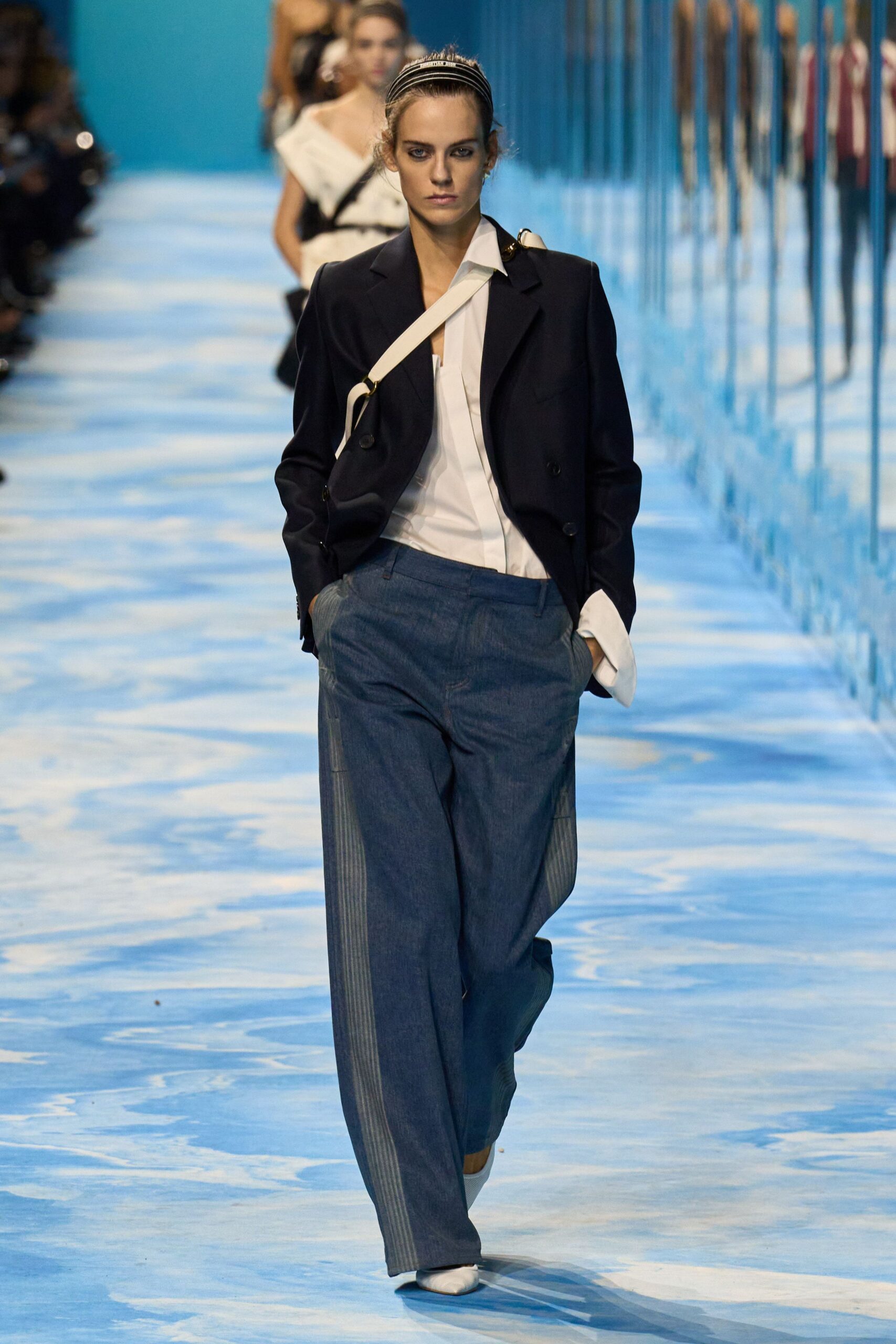 black blazer white shirt blue pants