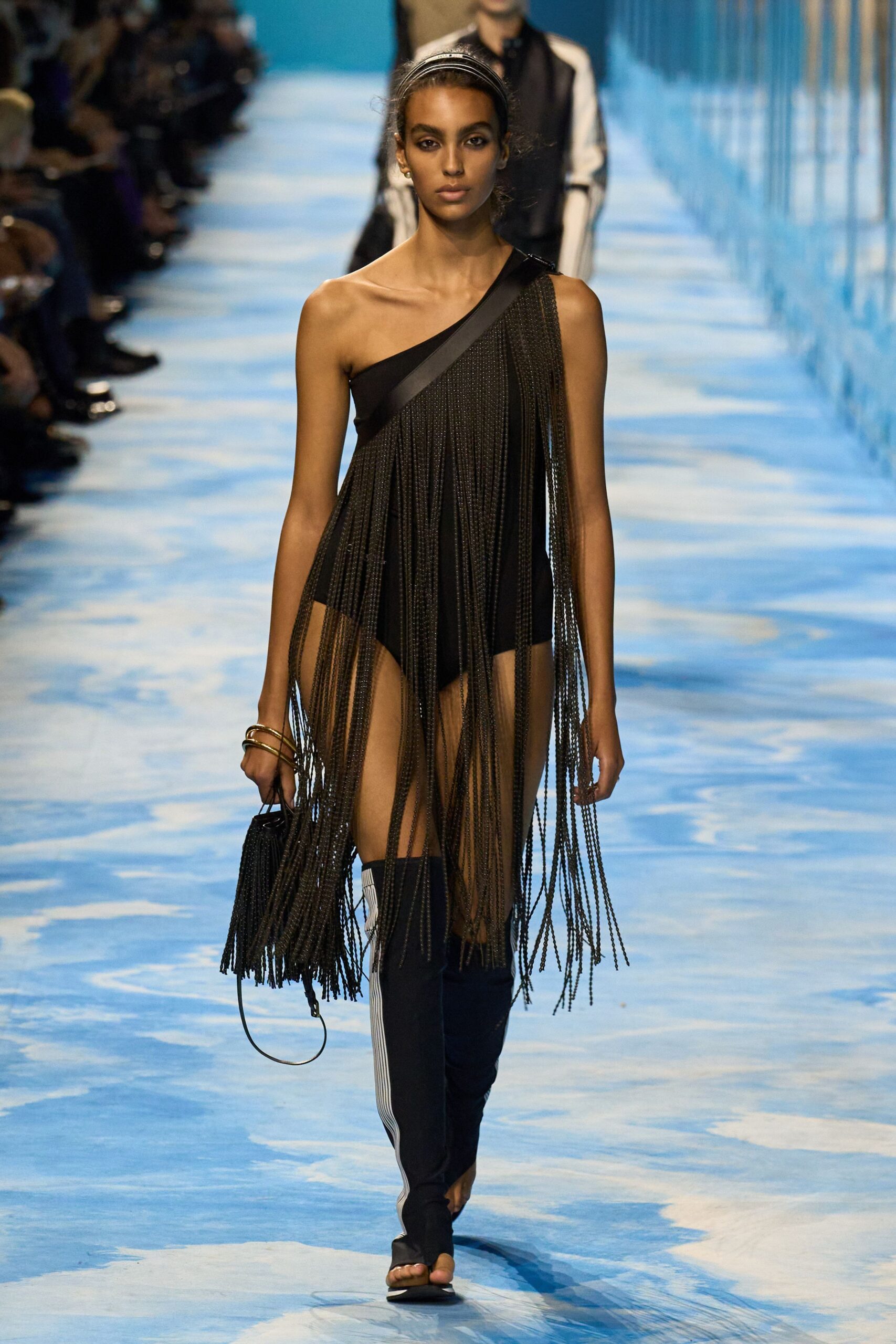black fringed bodysuit with boots