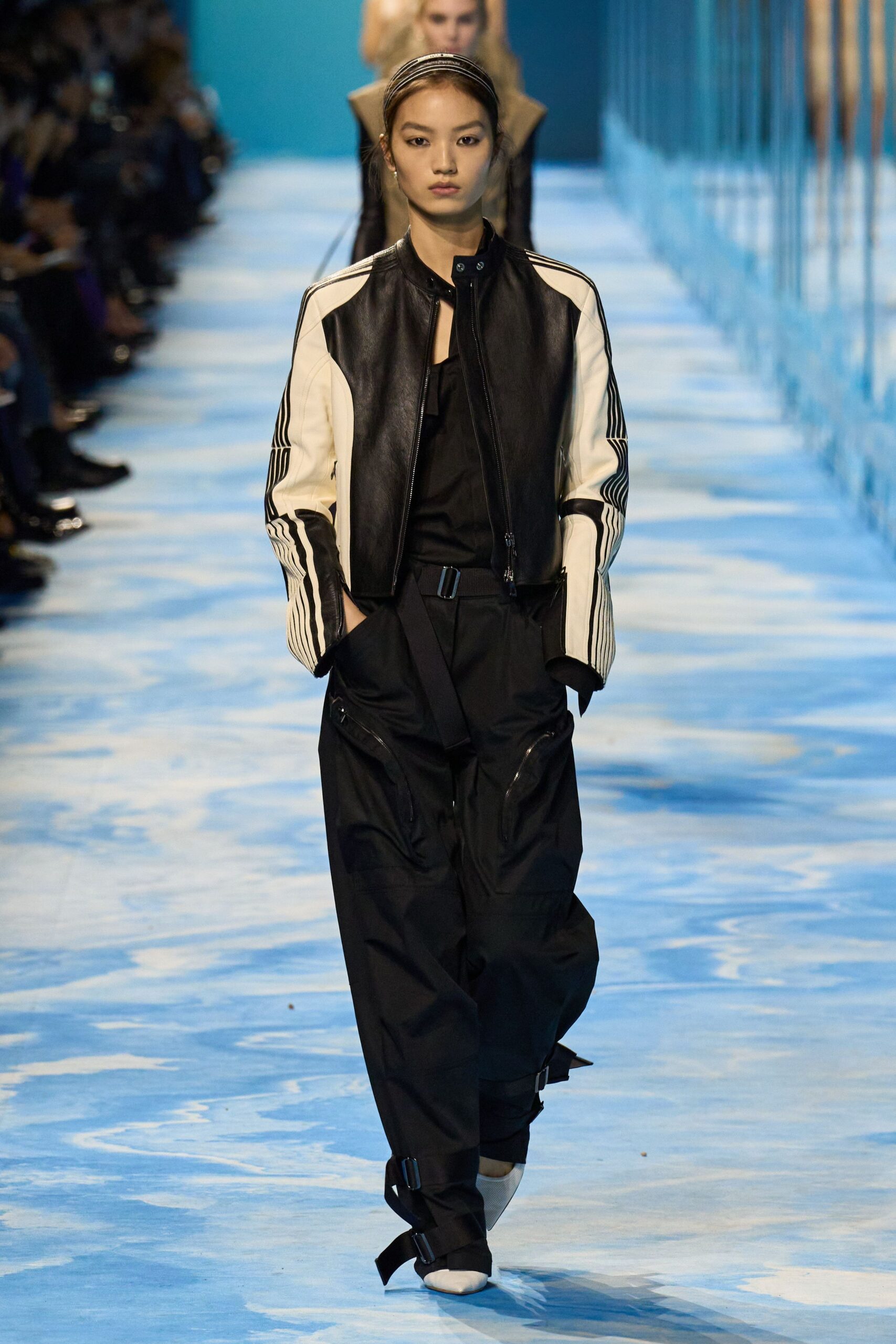 black and white fitted jacket with relaxed pants