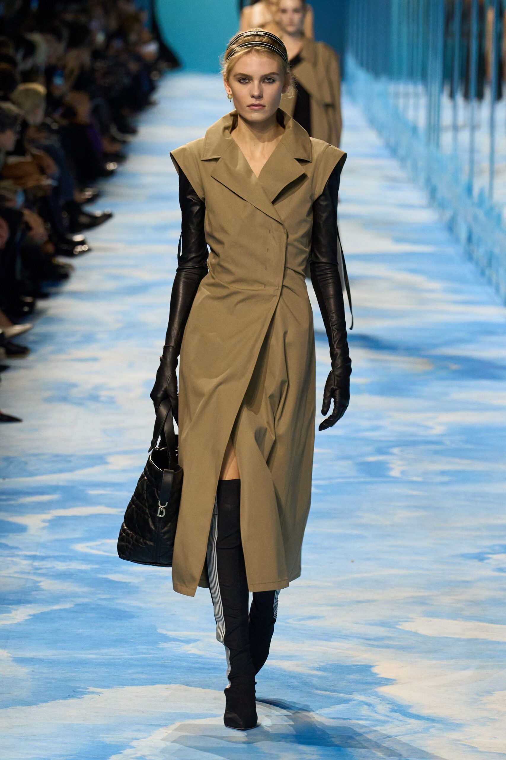 beige fitted trench coat with gloves