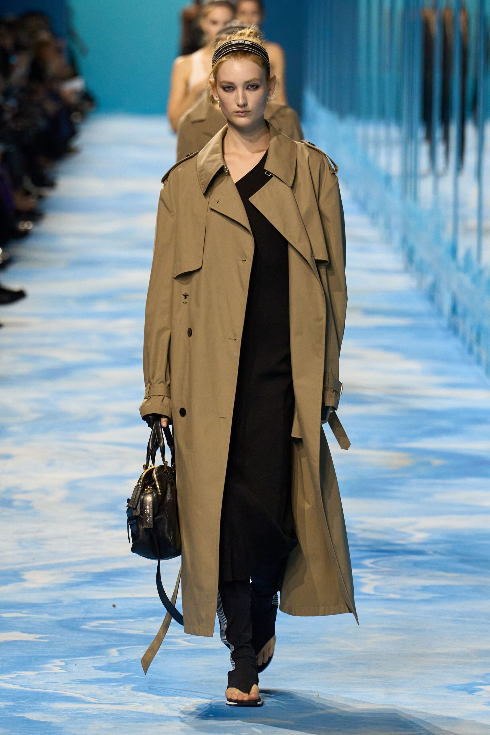 beige trench coat black dress
