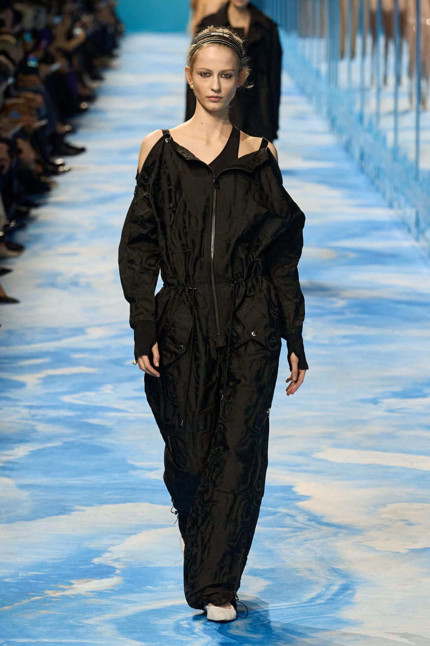 black cotton long-sleeve off-shoulder relaxed zippered pockets jumpsuit