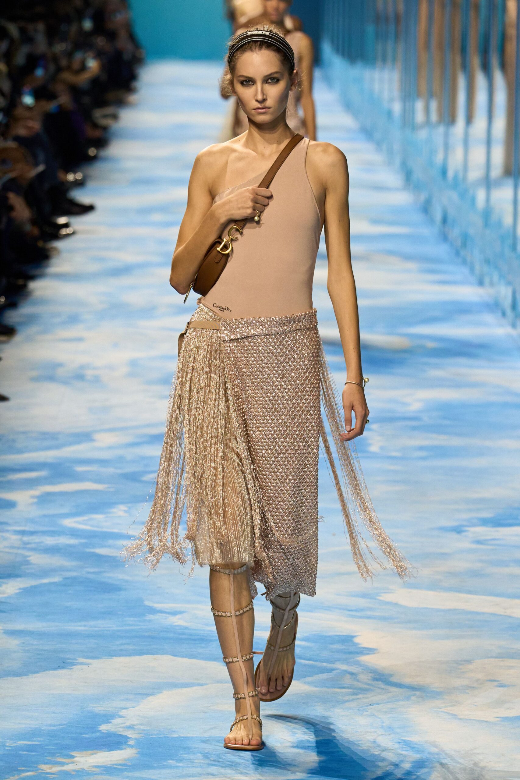 beige gold fringed midi dress