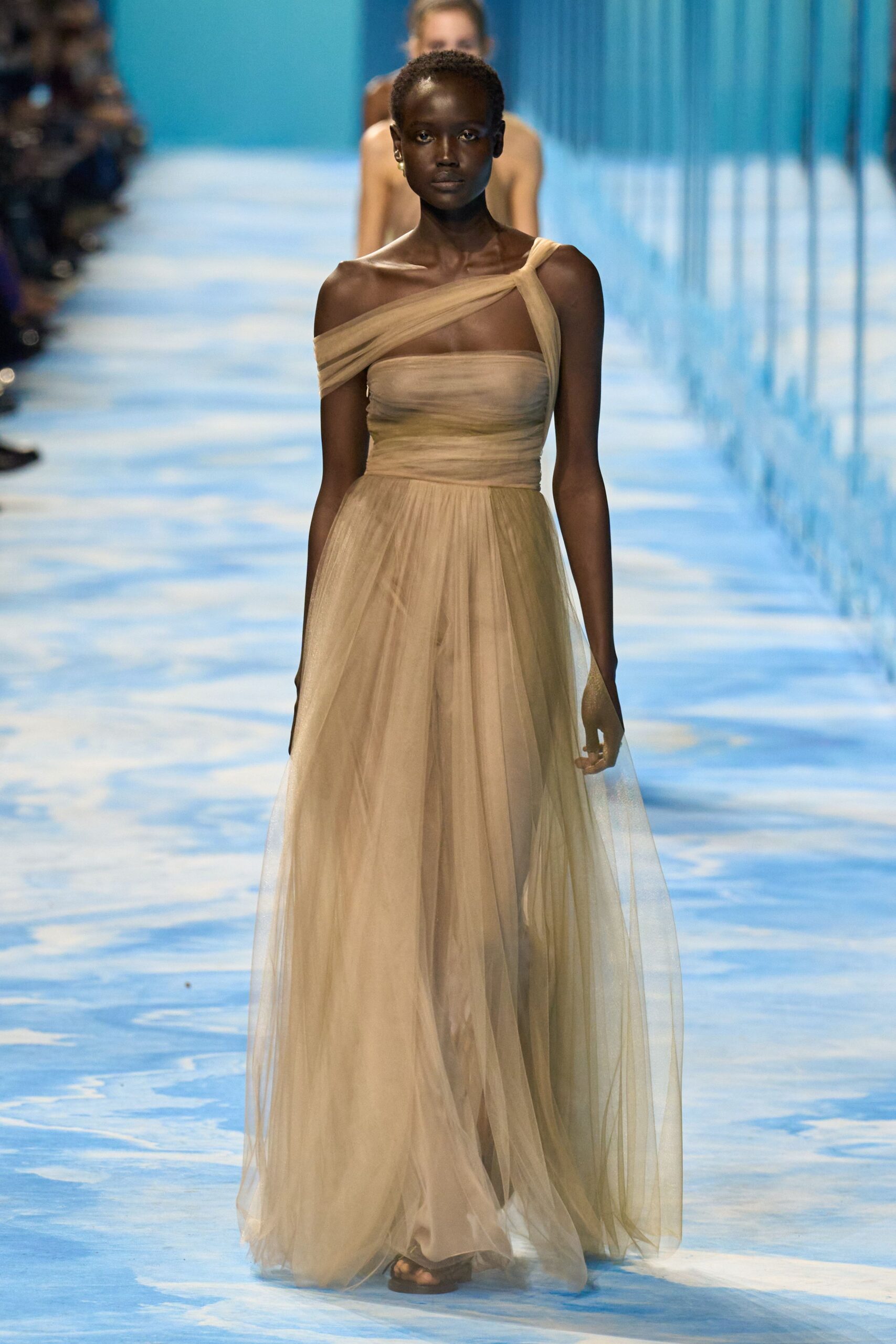 beige tulle off-shoulder gown