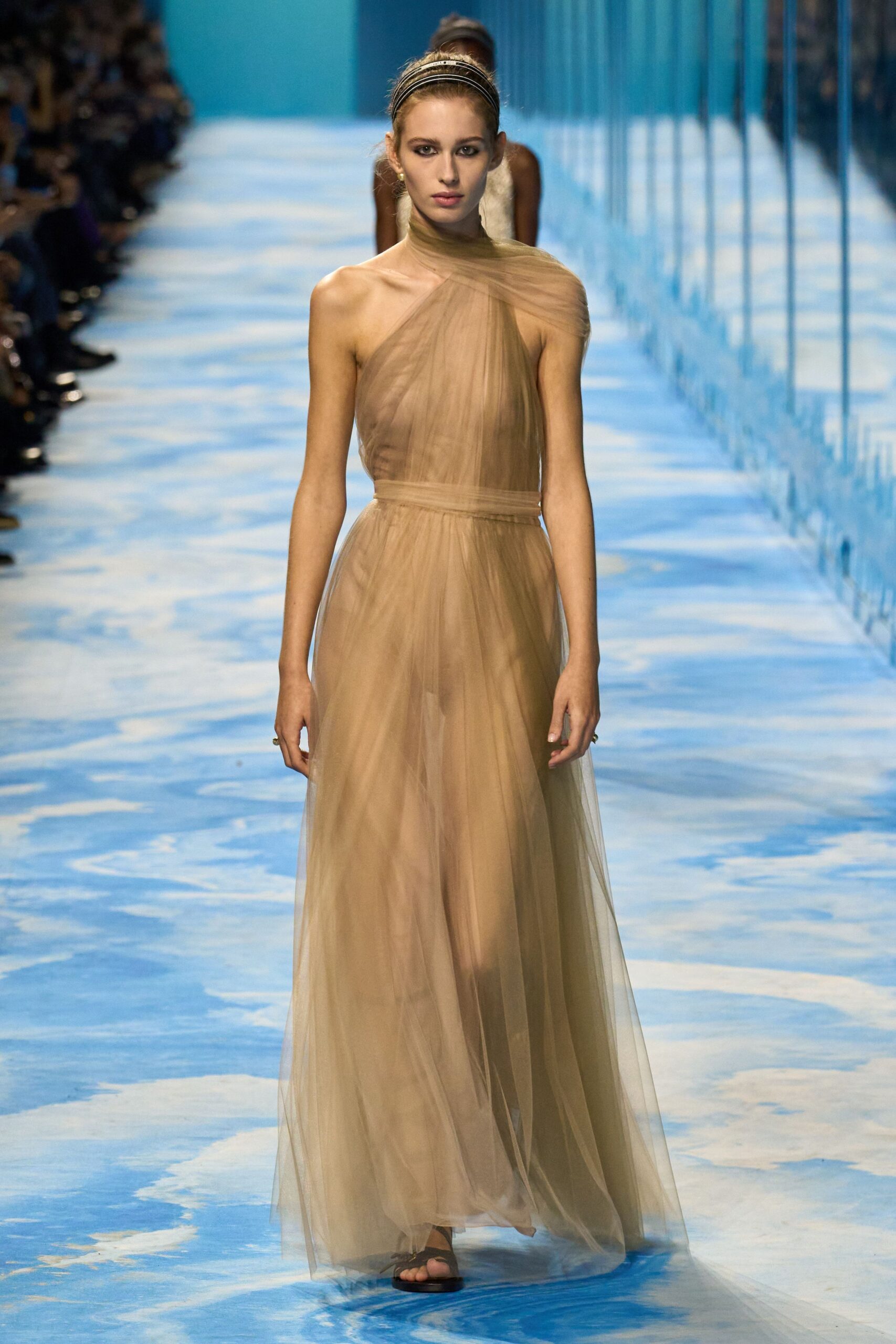 beige sheer draped gown