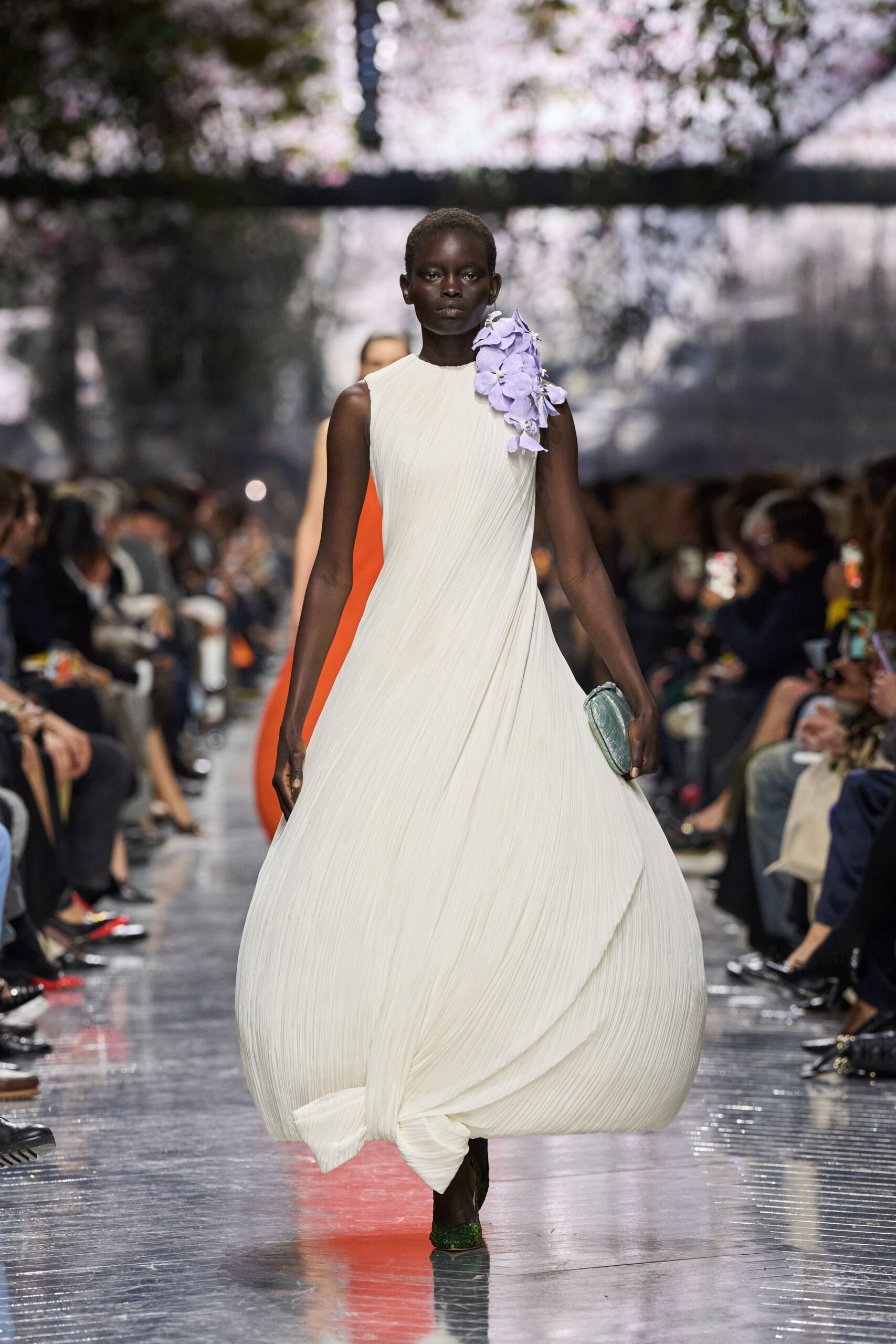 white silk sleeveless high-neck fitted pleated draped gown