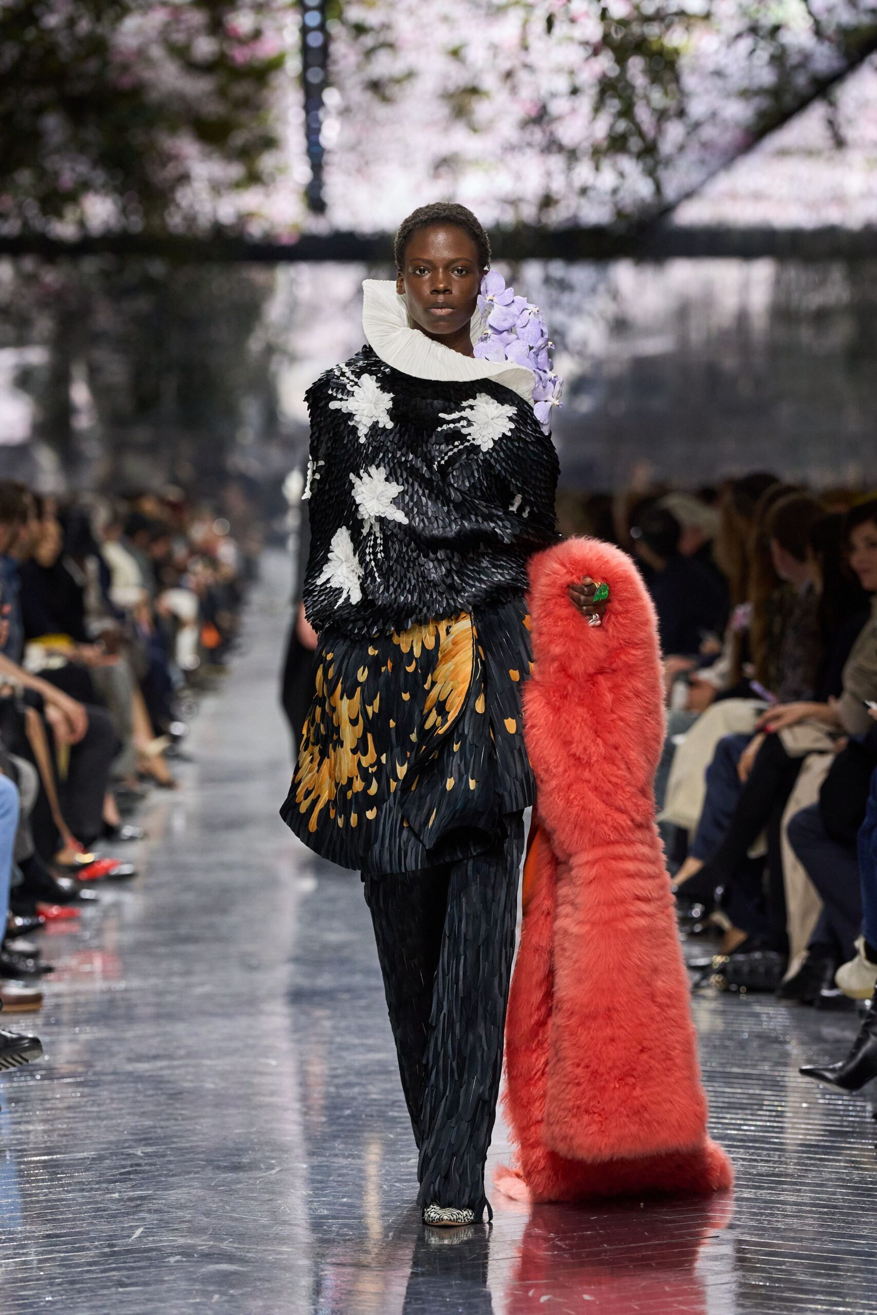black fur long-sleeve collared fitted embroidered layered coat