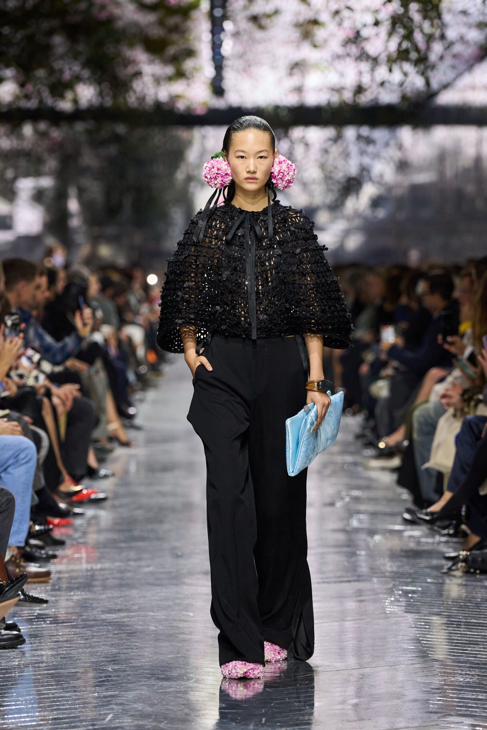 black lace long-sleeve collared relaxed layered fringed top