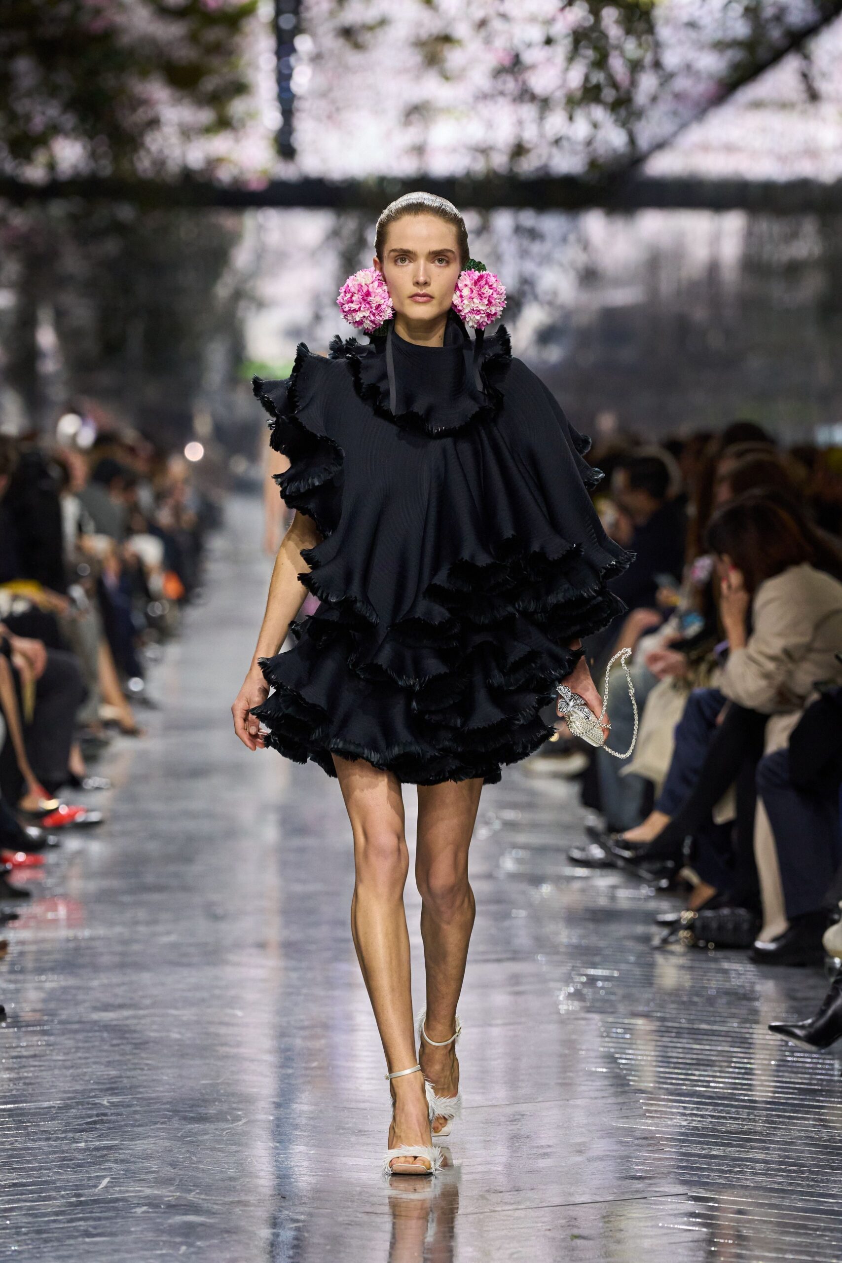 black silk sleeveless high-neck fitted ruffled mini dress