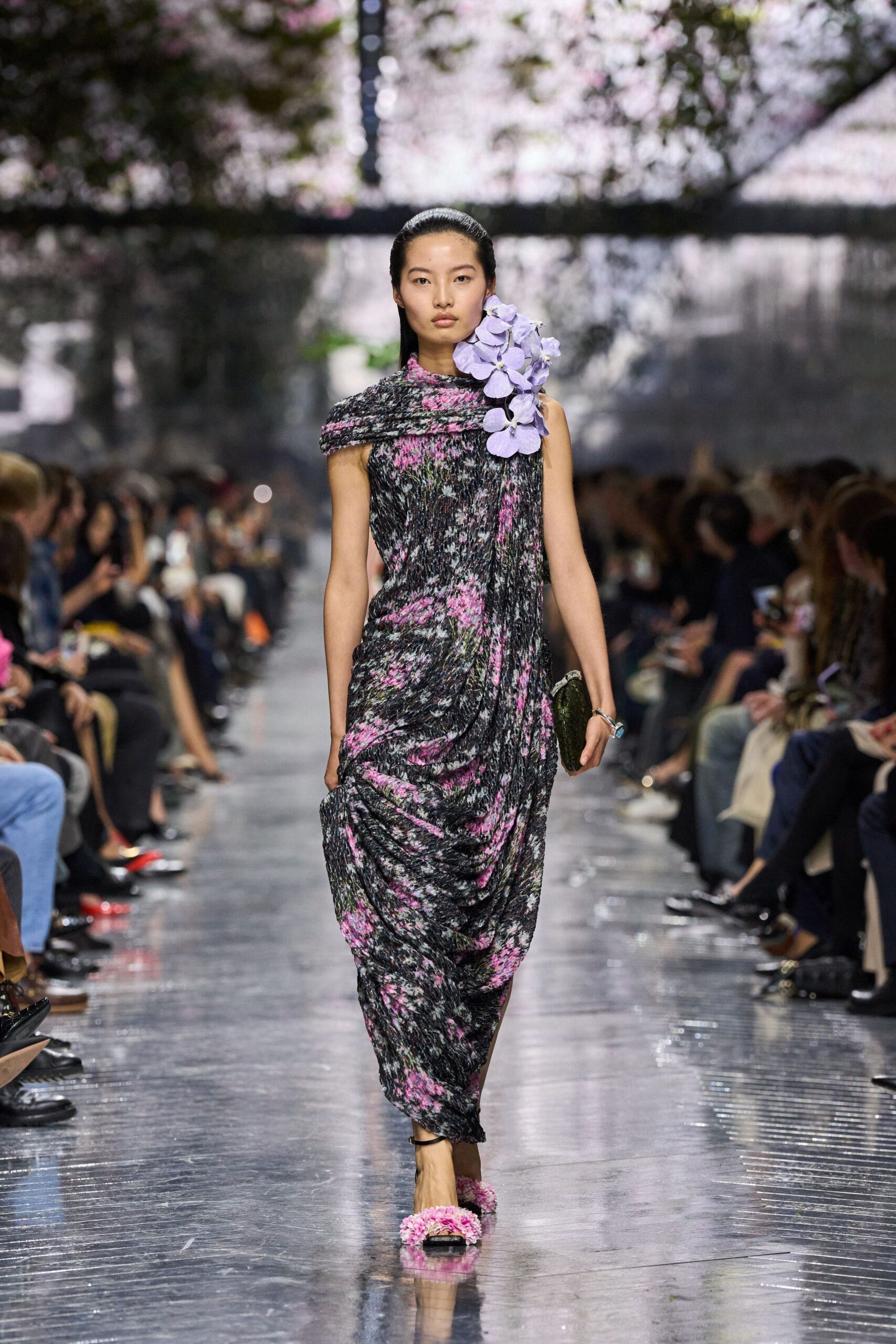 black silk sleeveless asymmetric fitted floral draped dress