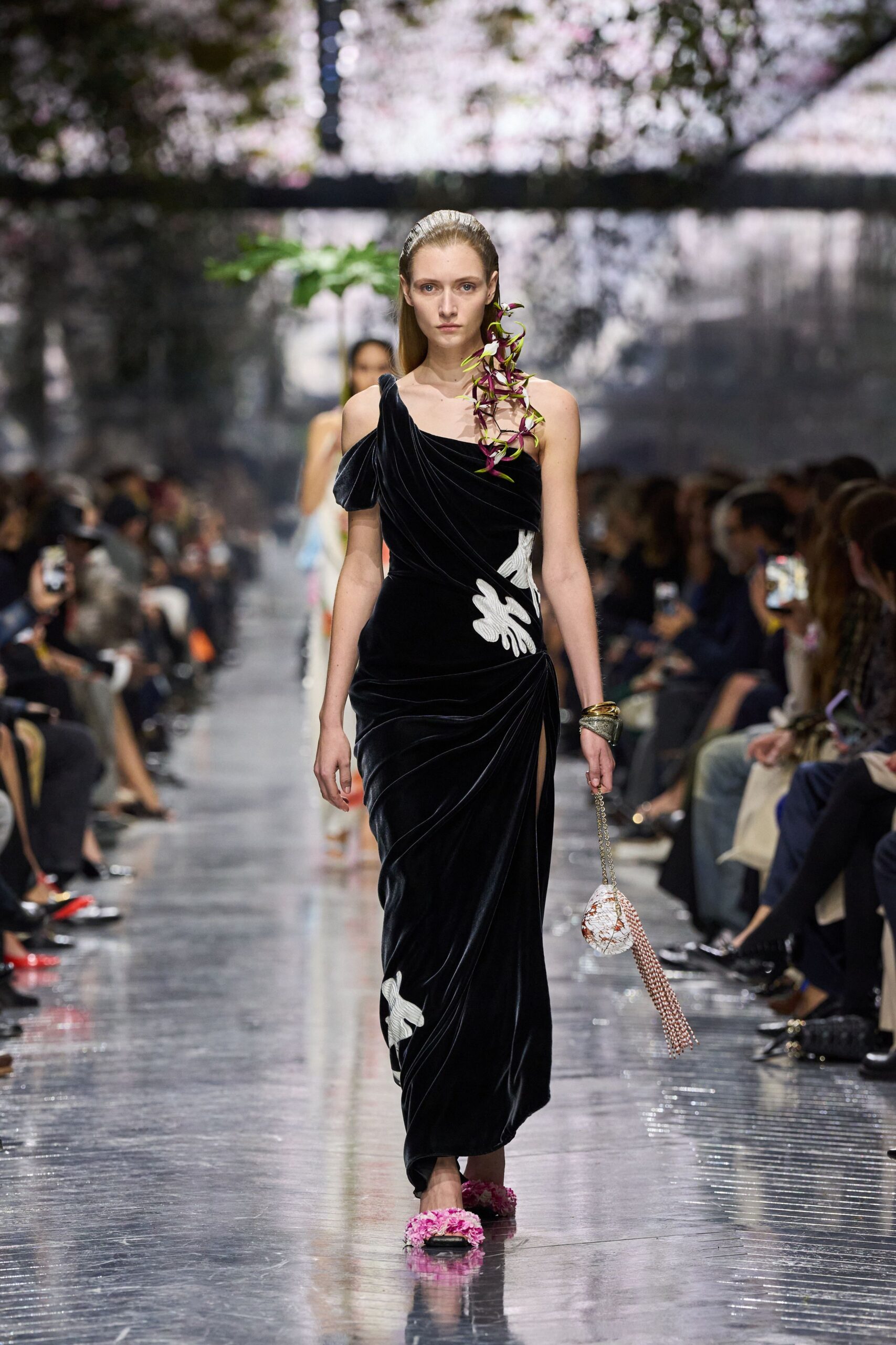 black velvet sleeveless off-shoulder fitted draped embroidered gown