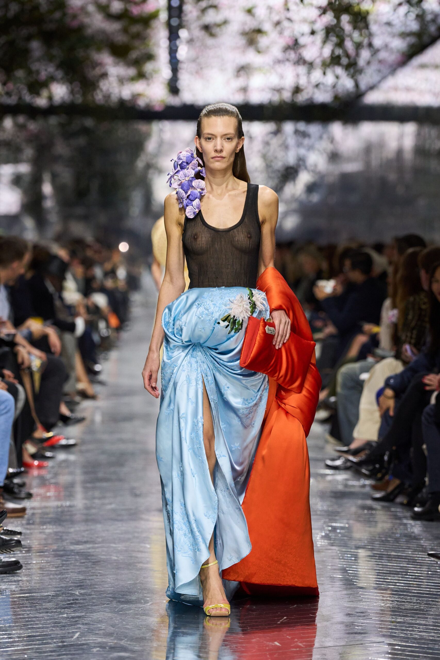 blue silk sleeveless v-neck fitted draped layered dress