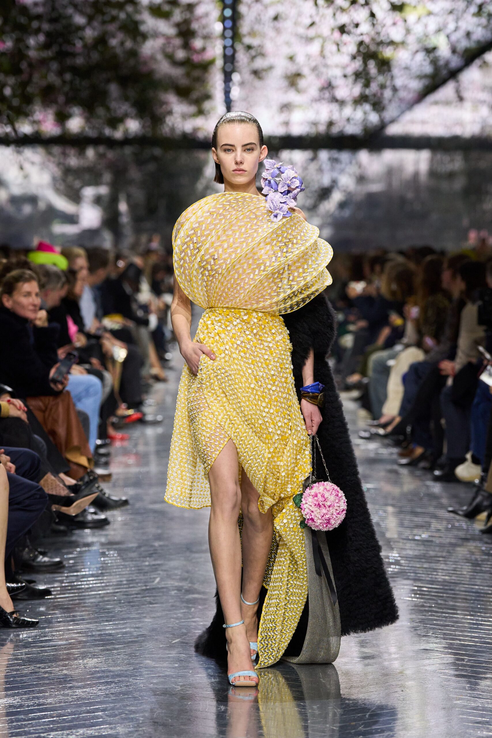 yellow pleated mini dress with black cape