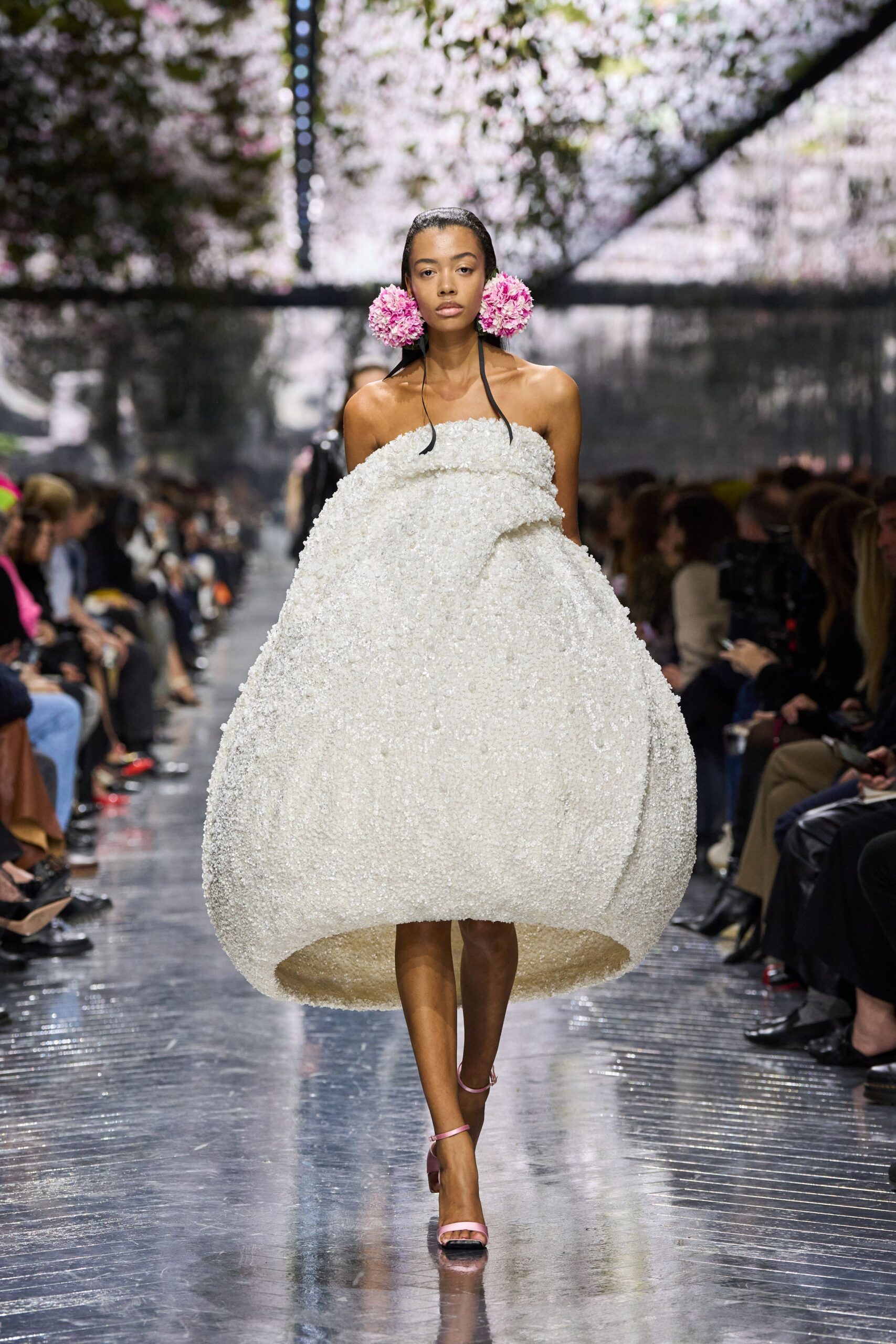 white silk strapless fitted pleated embellished shiny dress