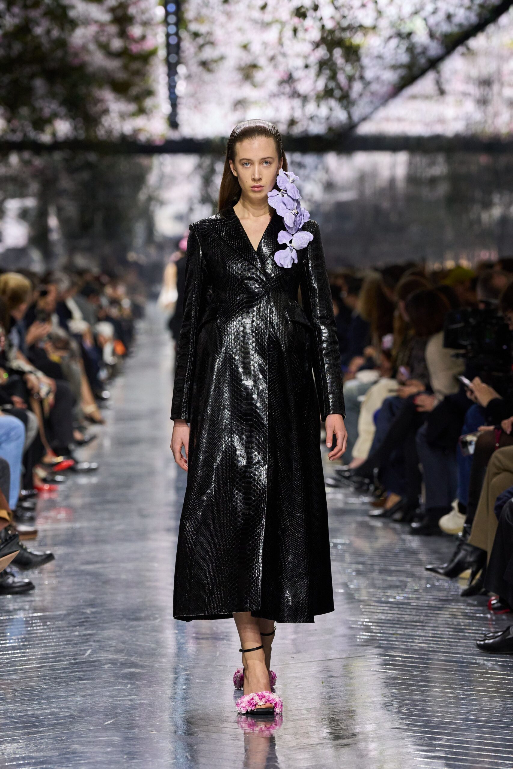 black leather long-sleeve v-neck fitted pleated maxi gown