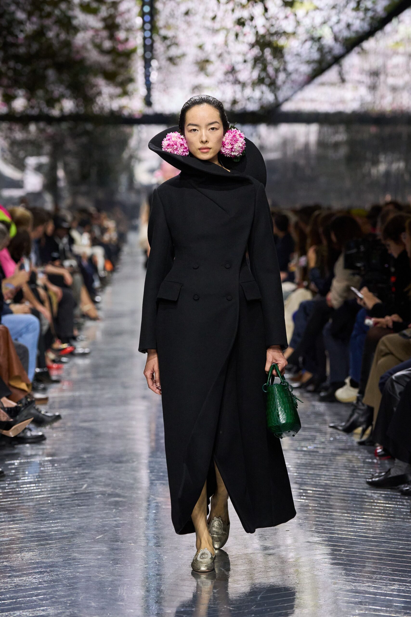 black wool long-sleeve double-breasted structured maxi coat