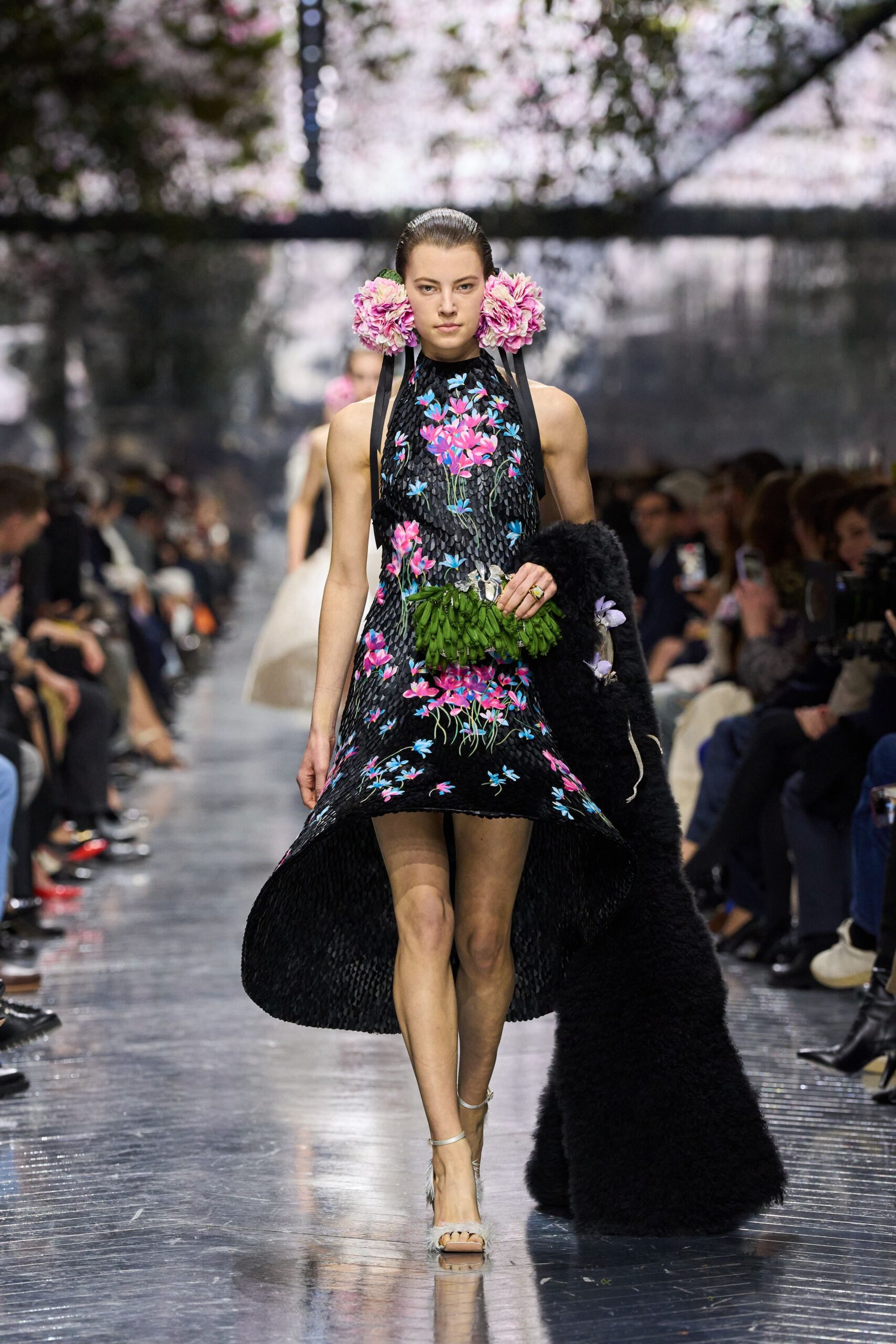 black floral midi dress with faux-fur coat