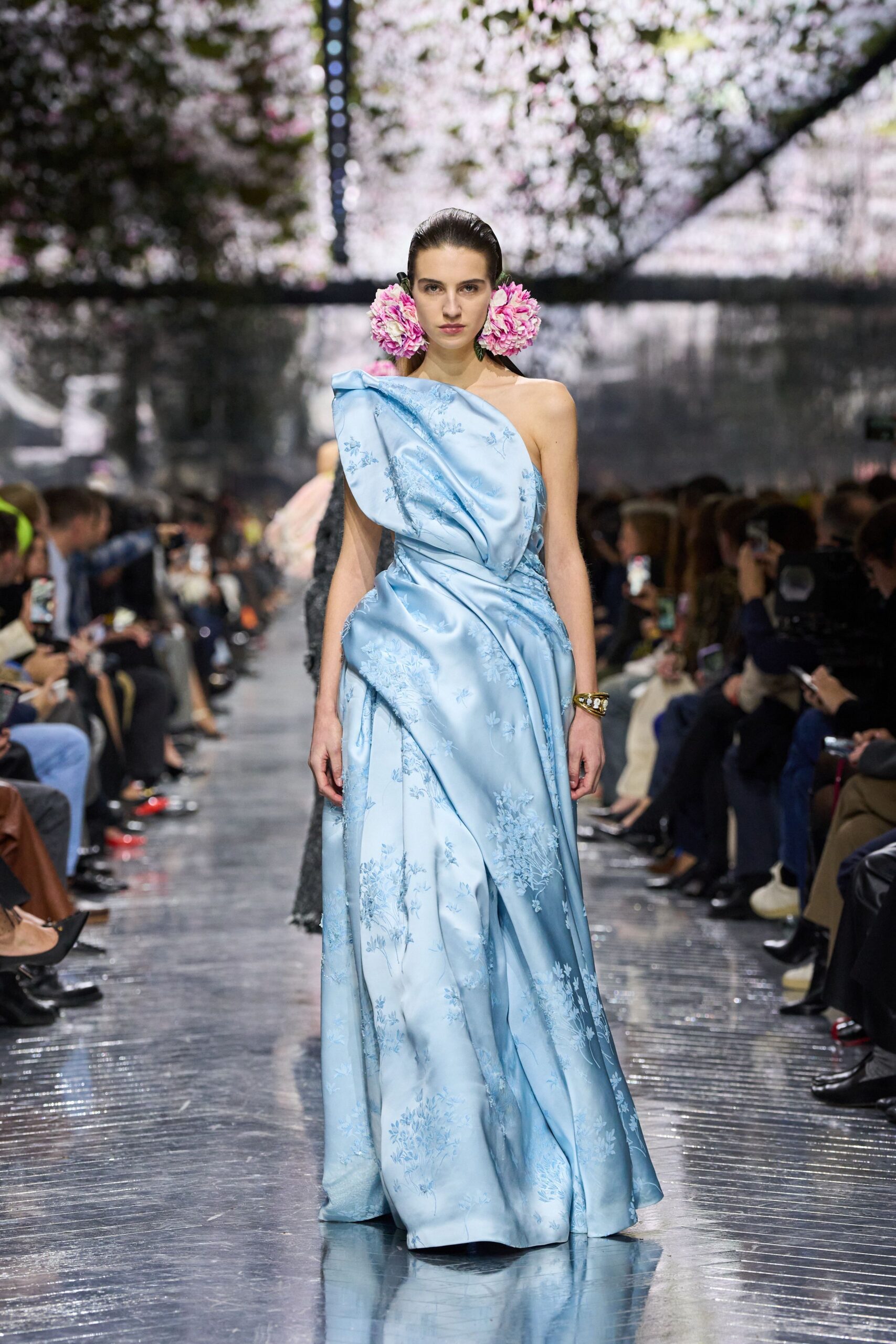 blue silk one-shoulder gown