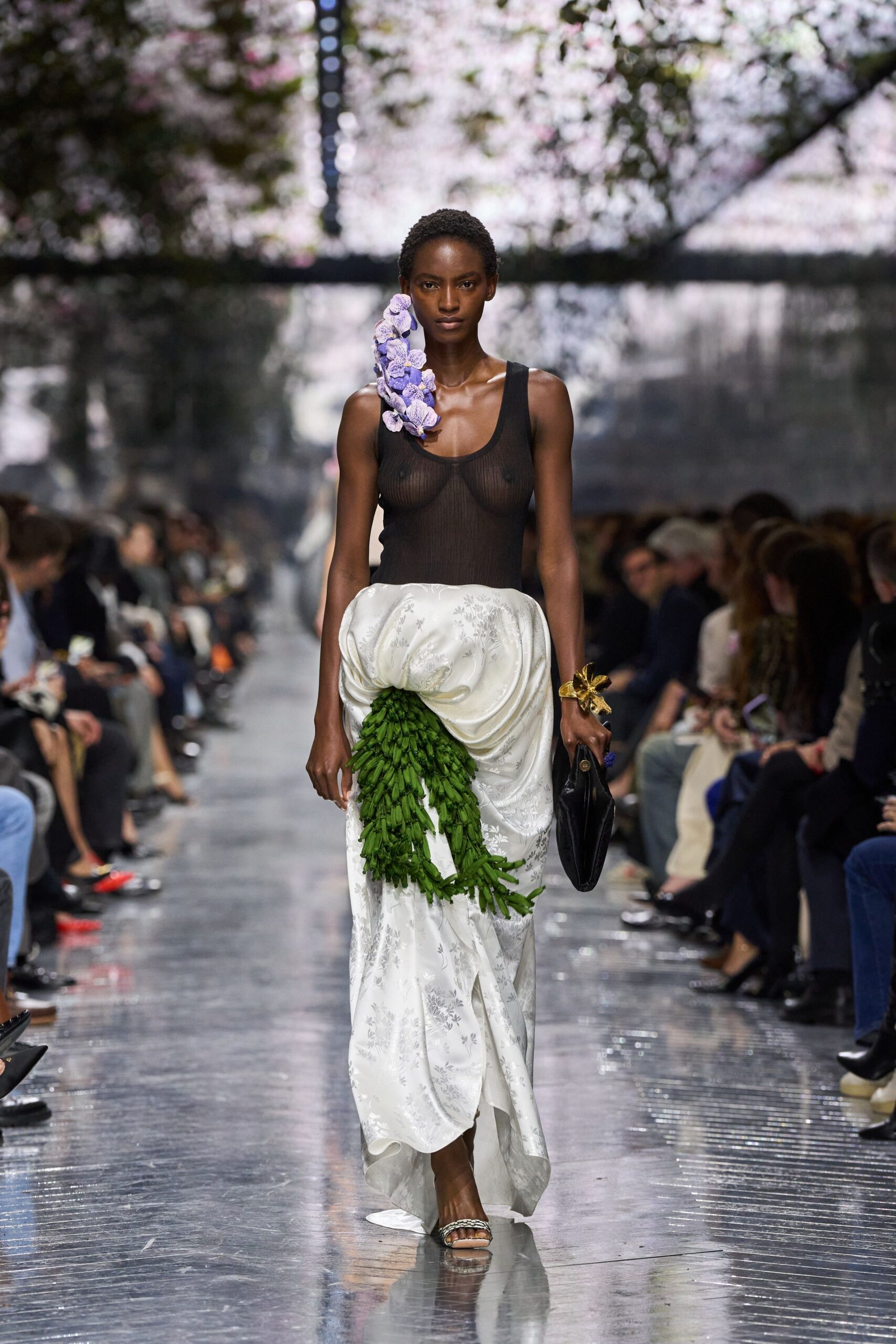white silk fitted draped maxi skirt