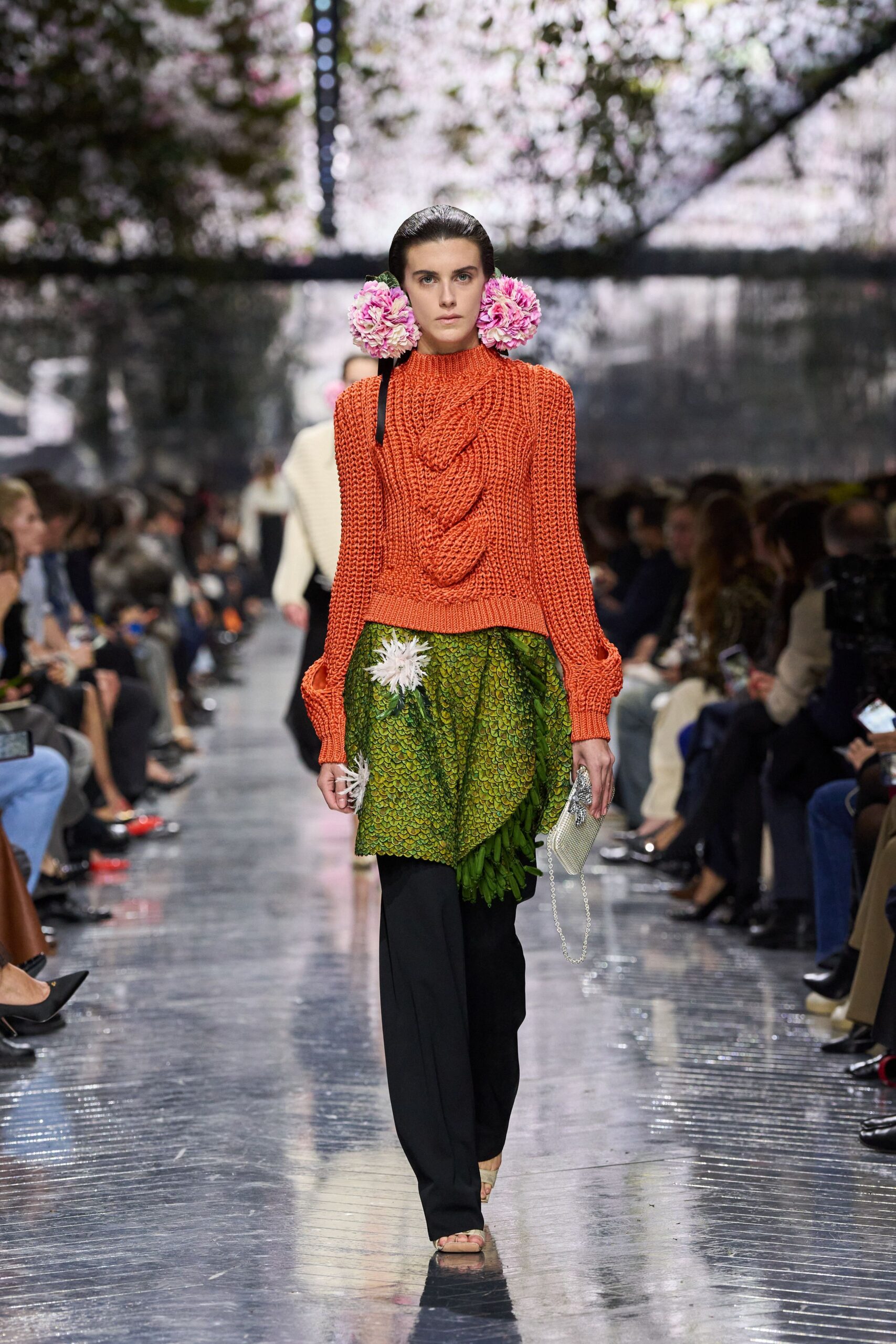 orange knit long-sleeve high-neck fitted ruched sweater
