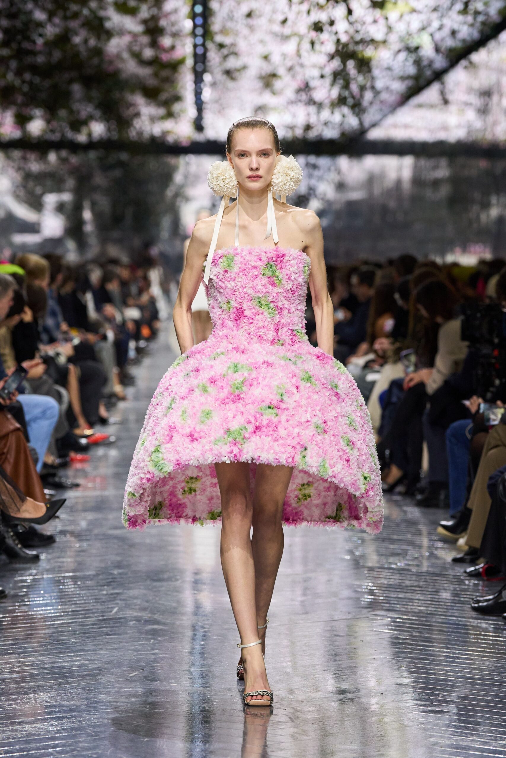 pink silk strapless fitted floral pleated mini dress