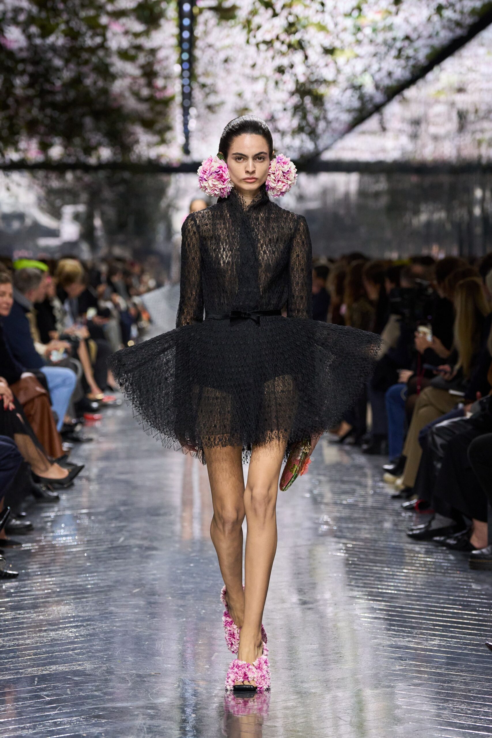black lace long-sleeve collared fitted tiered ruffled dress