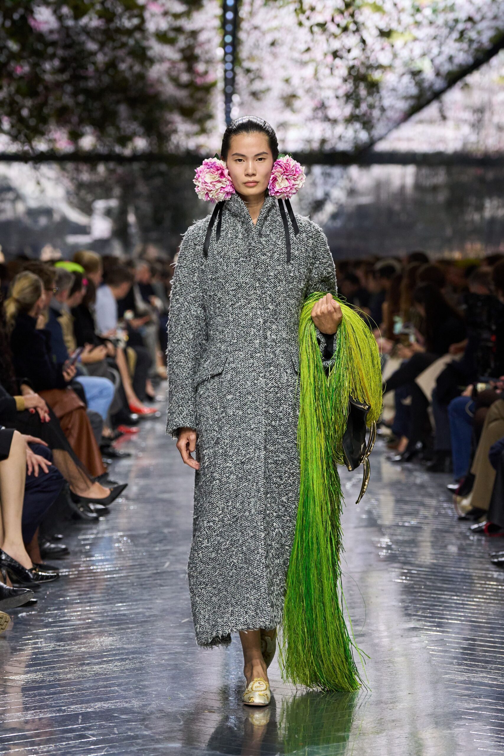 gray wool long-sleeve collared relaxed textured maxi coat