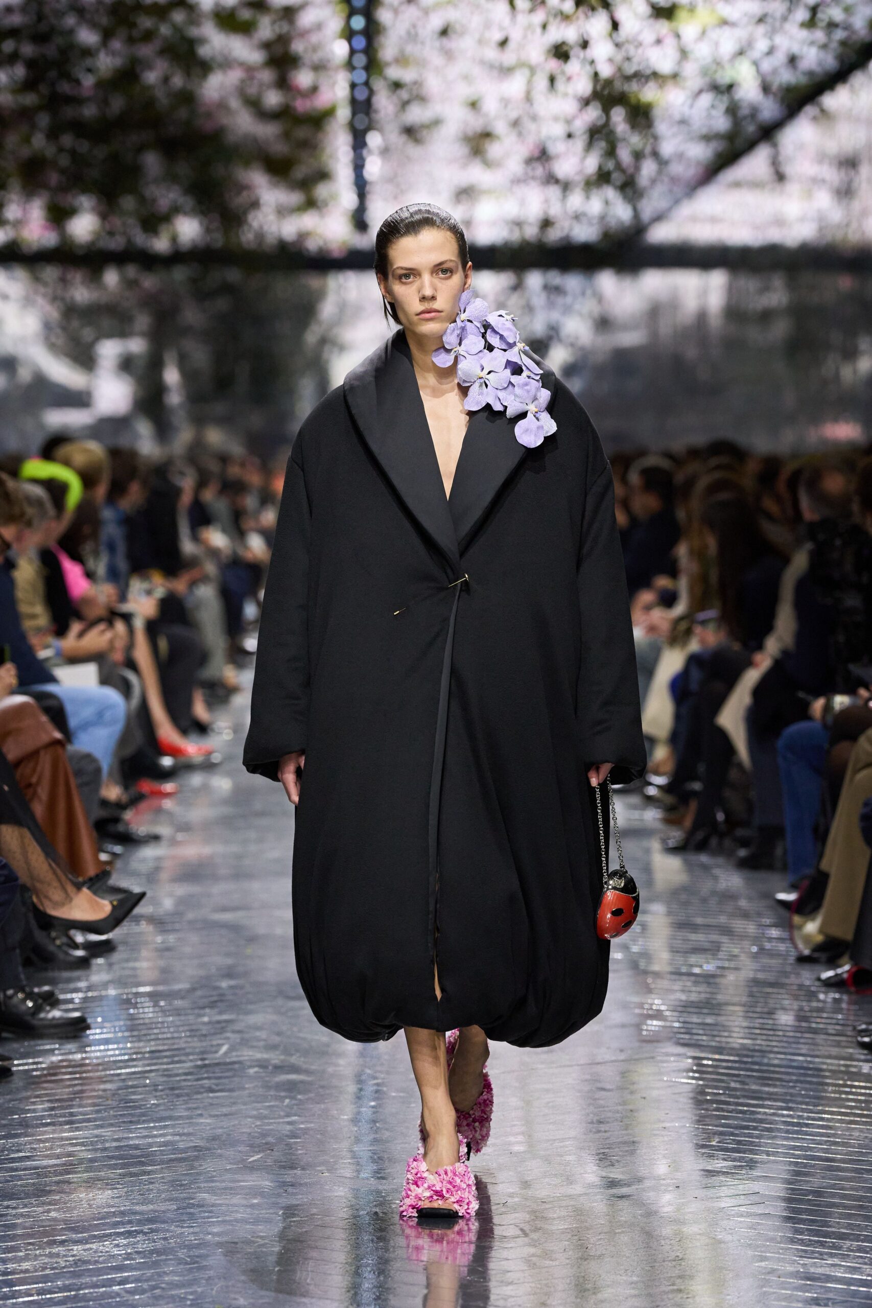 black wool long-sleeve collared oversized draped midi coat