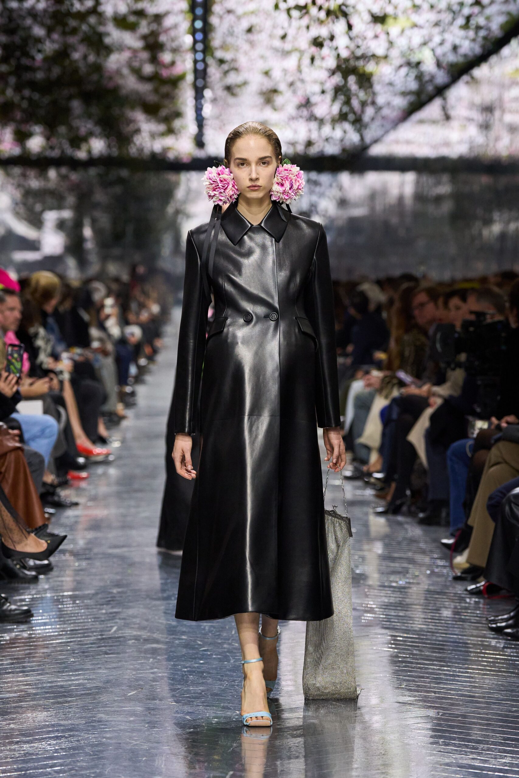black leather long-sleeve collared fitted buttoned maxi coat