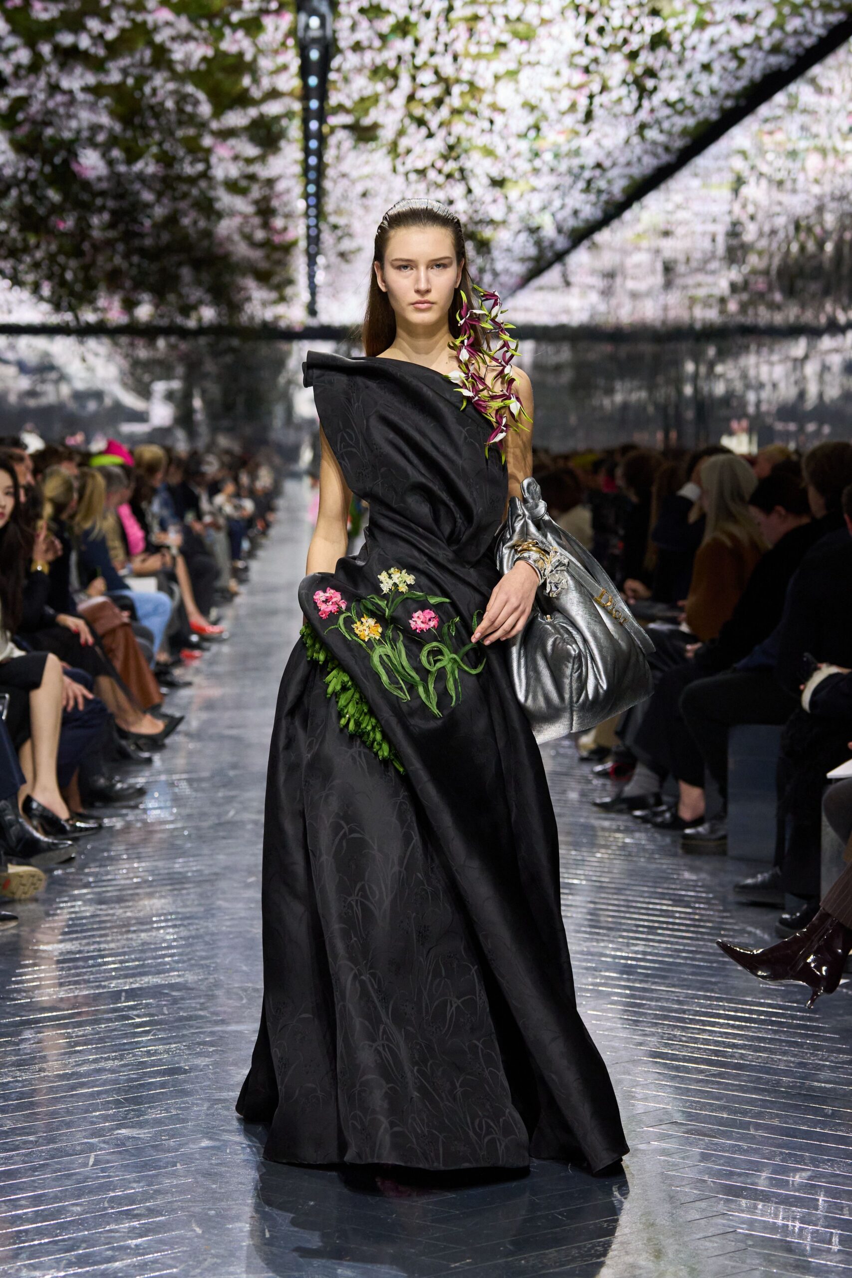 black silk sleeveless off-shoulder fitted draped embroidered gown