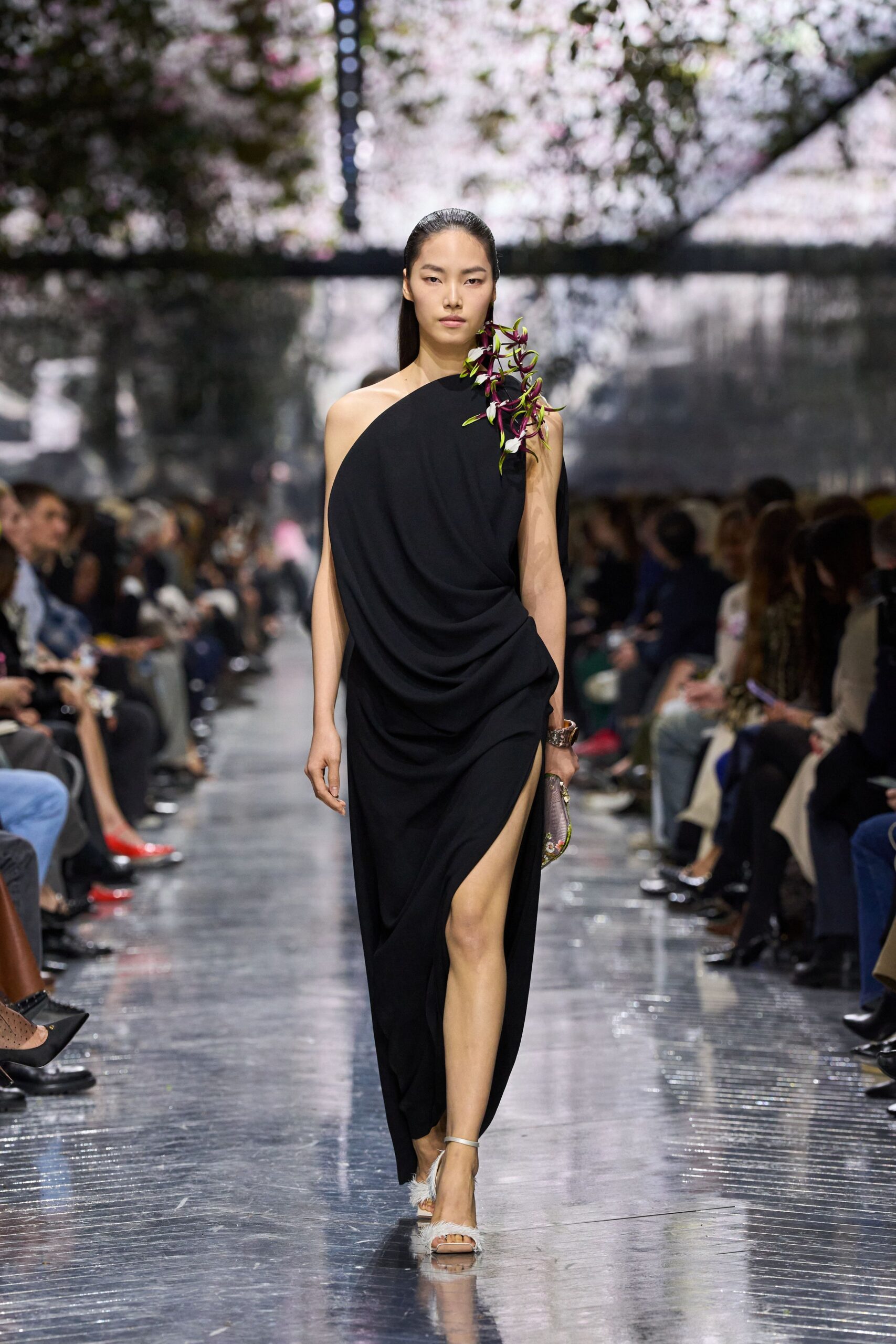 black silk sleeveless high-neck fitted draped maxi gown
