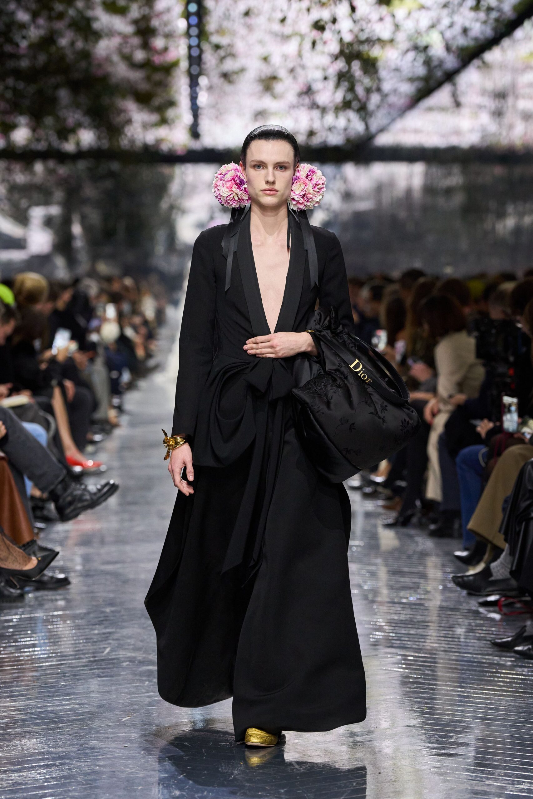black silk fitted gown