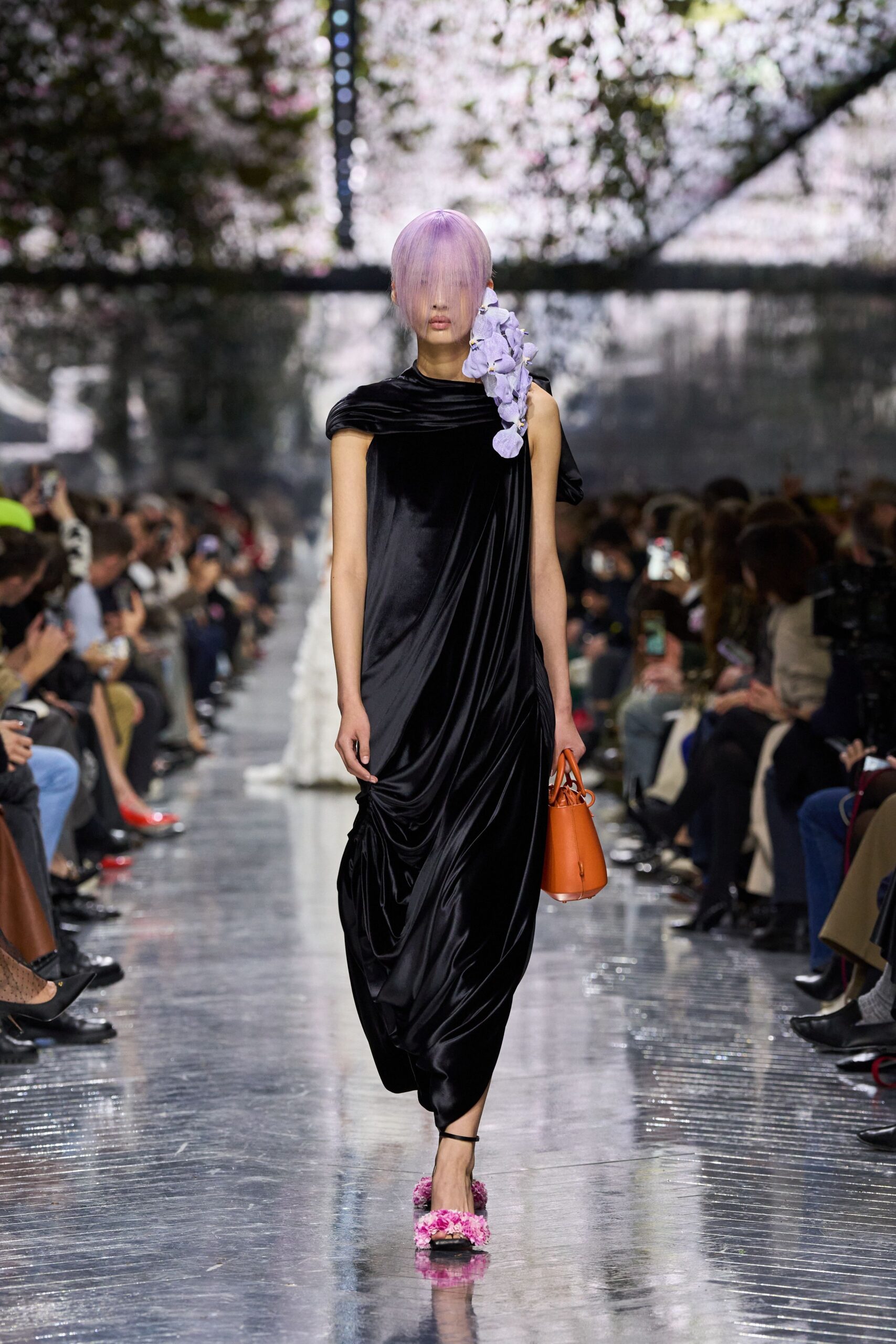 black silk sleeveless off-shoulder relaxed draped flowing dress
