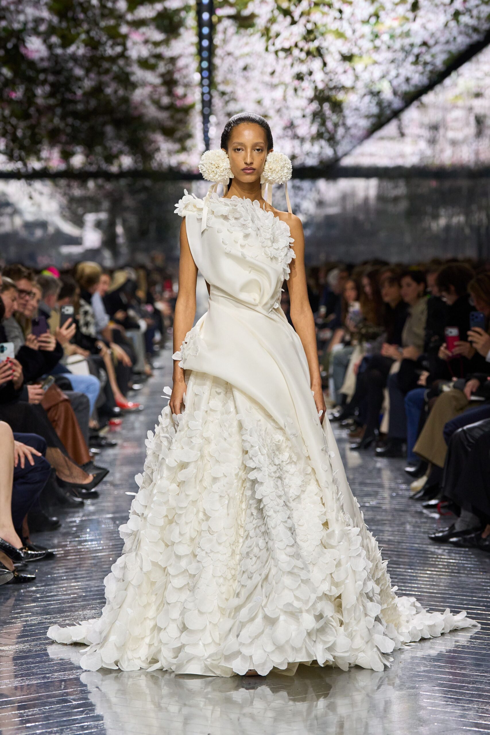 white silk ruffled gown