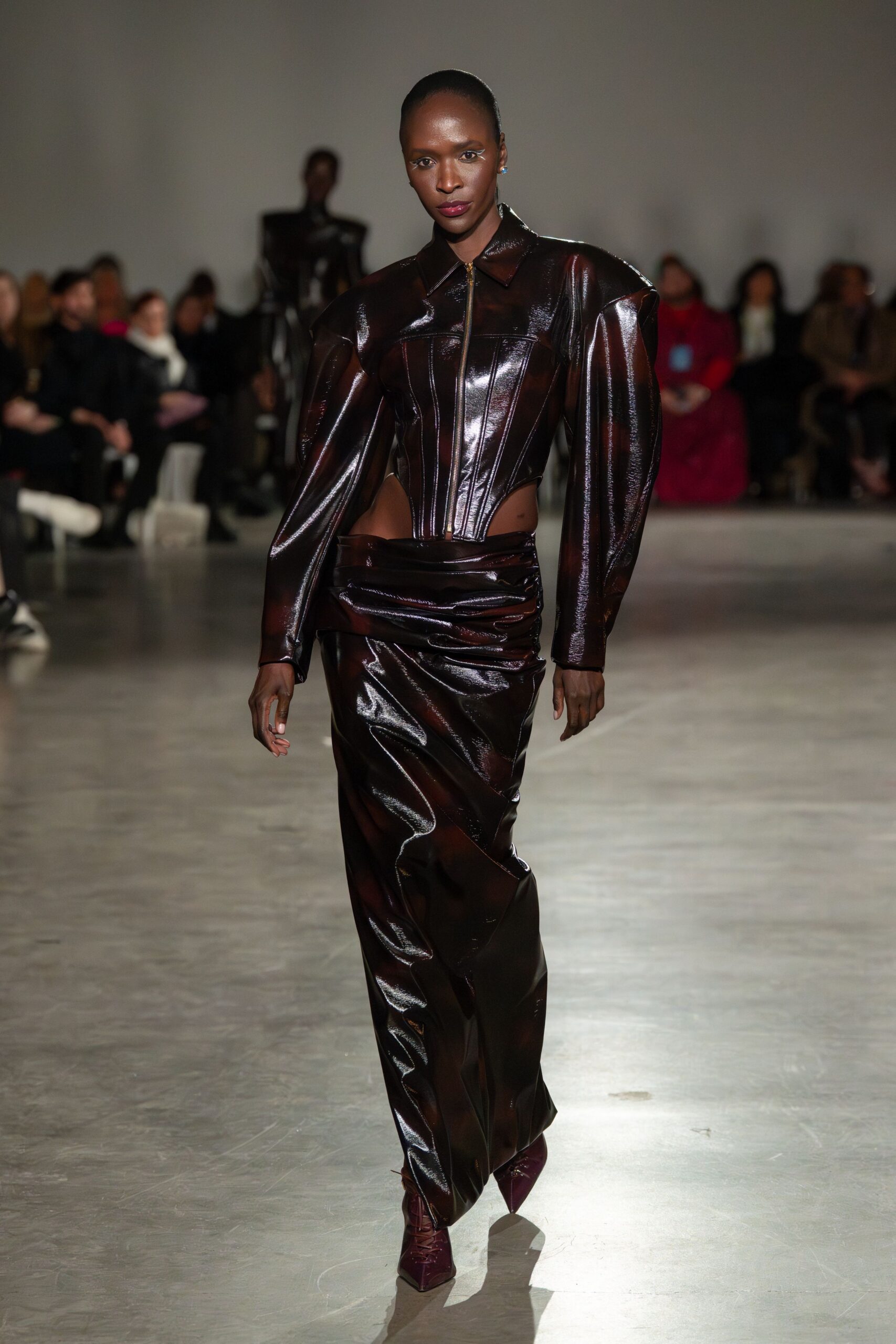 brown leather long-sleeve collared fitted zippered top