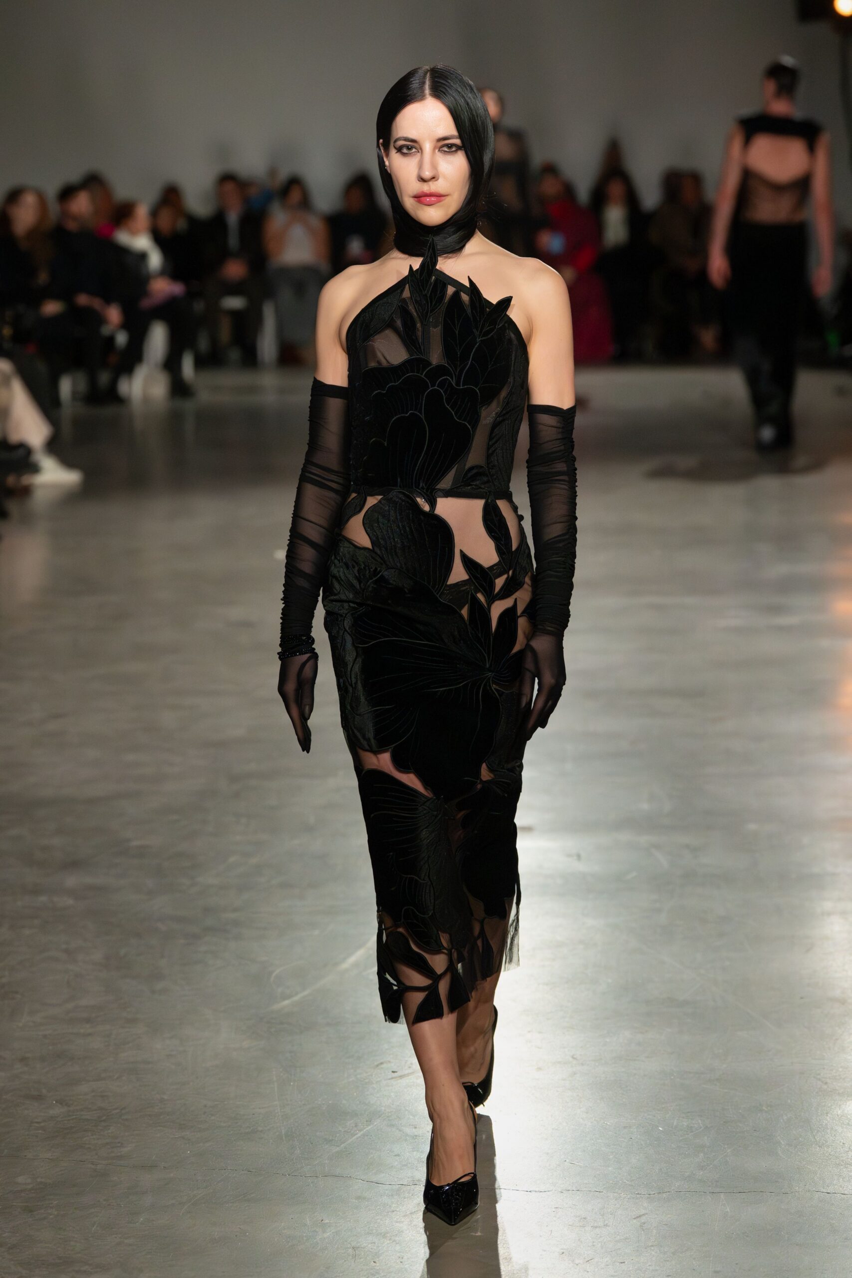 black silk sleeveless high-neck fitted embroidered dress